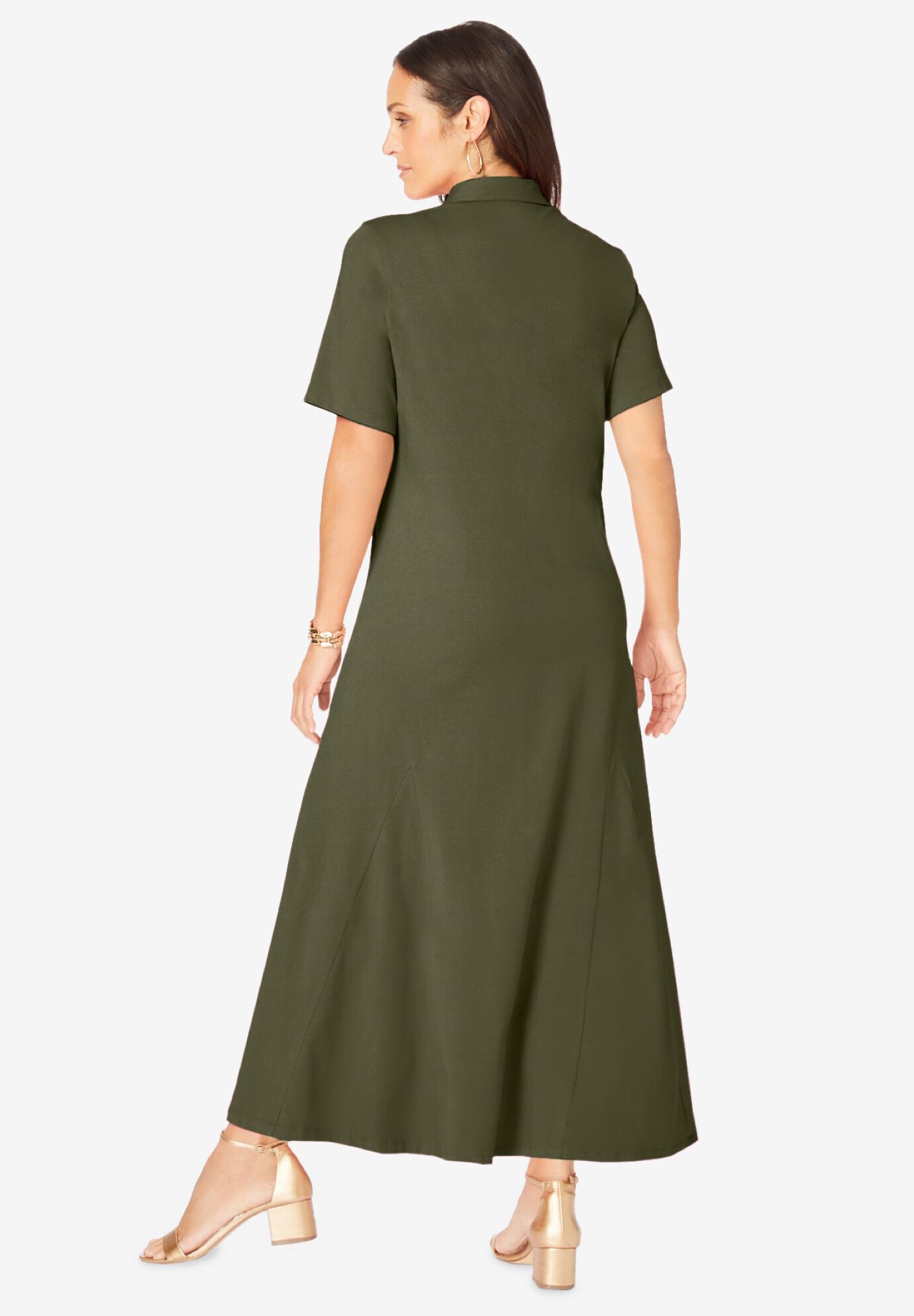 Stretch Cotton Button Front Maxi Dress, DARK OLIVE GREEN, on-hover image number 1