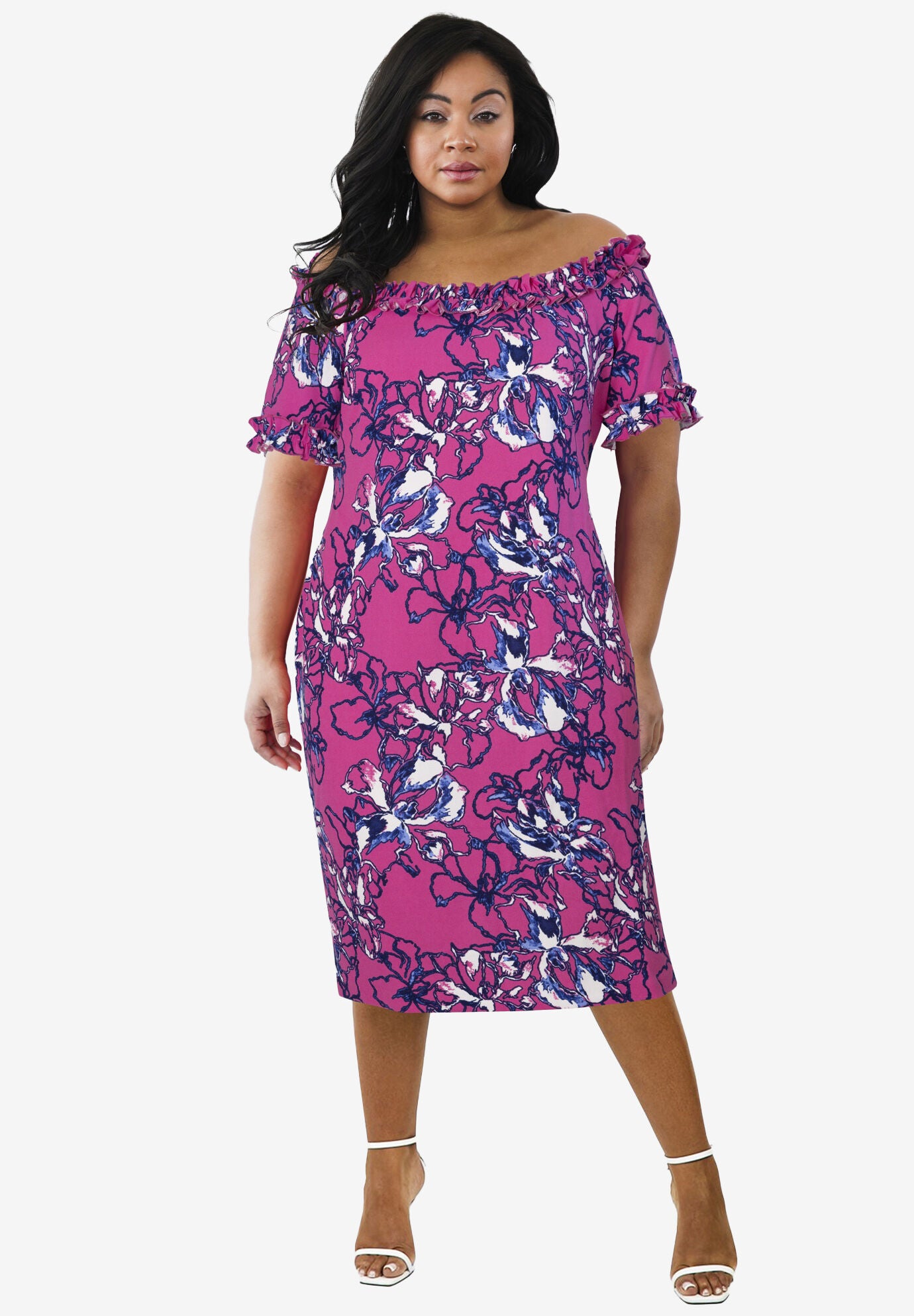 Plus Size Floral Midi Dress, PINK, hi-res image number 0