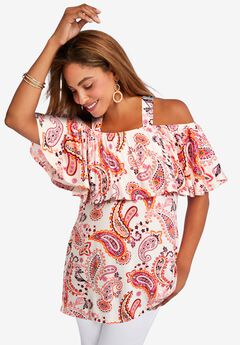 Stretch Knit Cold Shoulder Ruffle Tunic