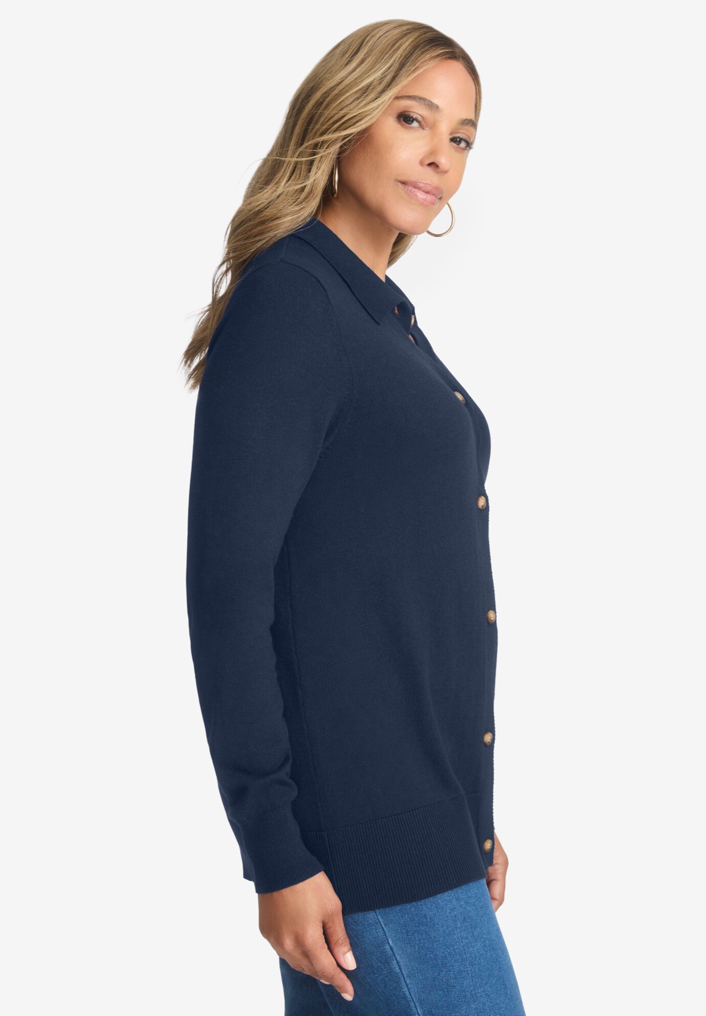 Cotton Cashmere Collared Cardigan, NAVY, alternate image number 2