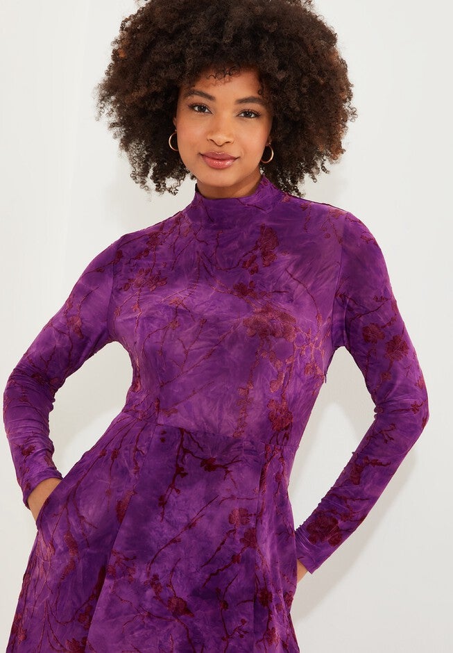 Mockneck Burnout Midi Dress, PURPLE VINE, on-hover image number null