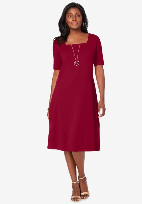 Square Neck Midi Dress, RICH BURGUNDY, hi-res image number null