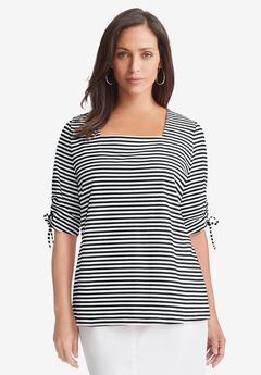 Stretch Cotton Tie Sleeve Square Neck Tee