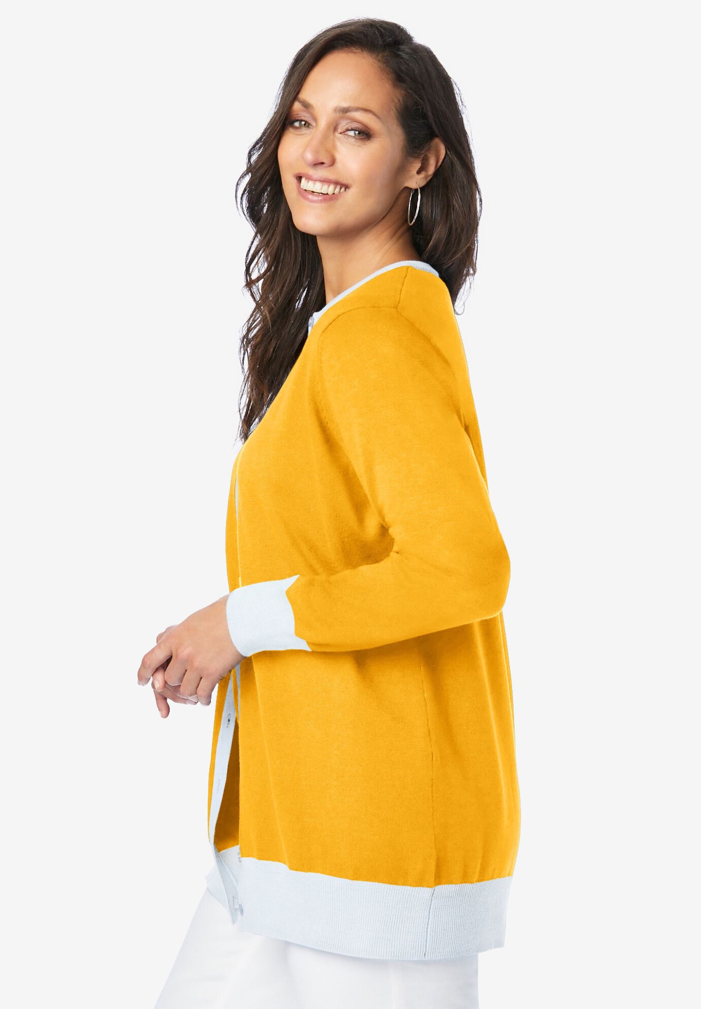 Fine Gauge Cardigan, SUNSET YELLOW WHITE, alternate image number 2
