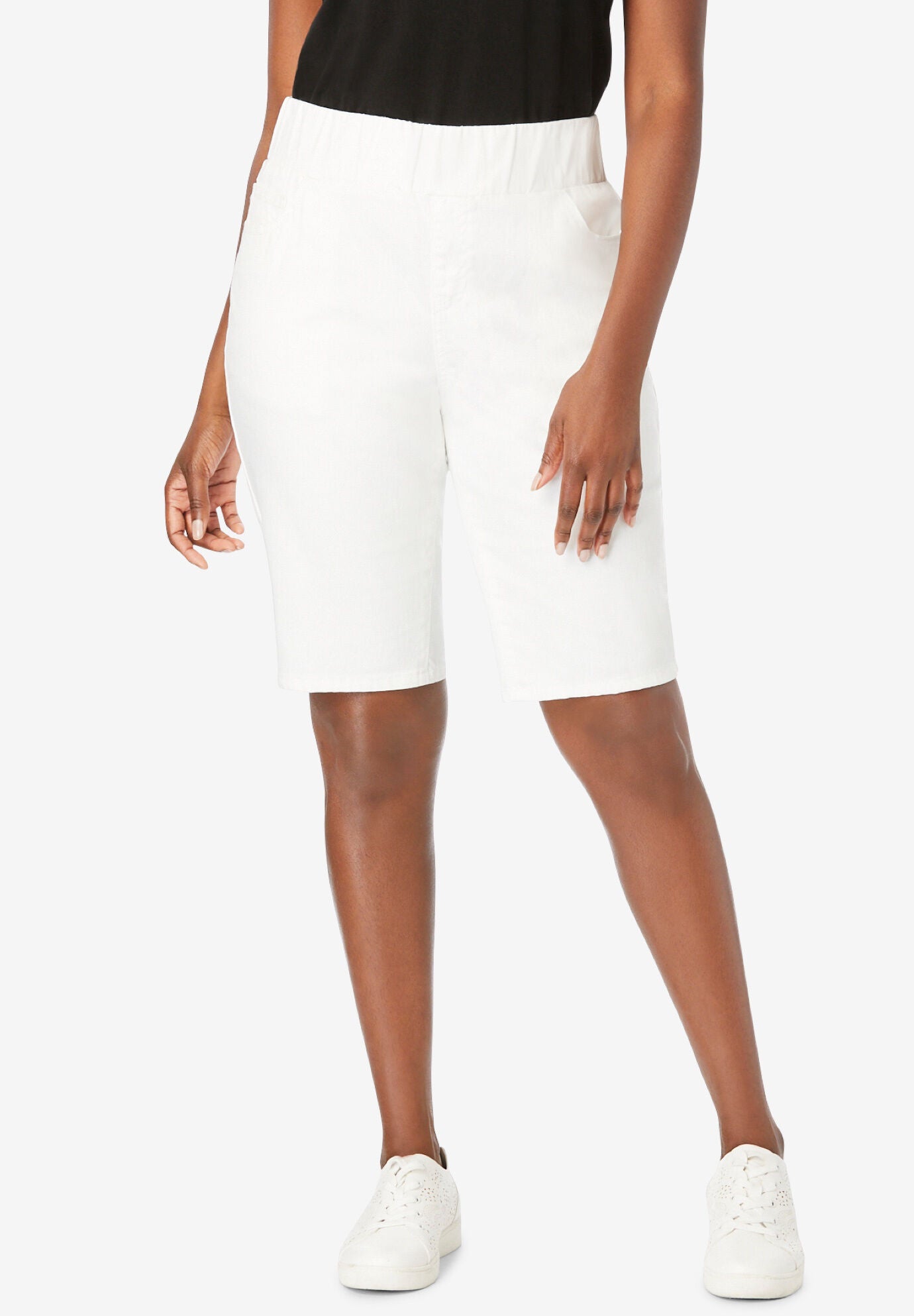 Comfort Waist Stretch Denim Bermuda Short, WHITE, hi-res image number 0