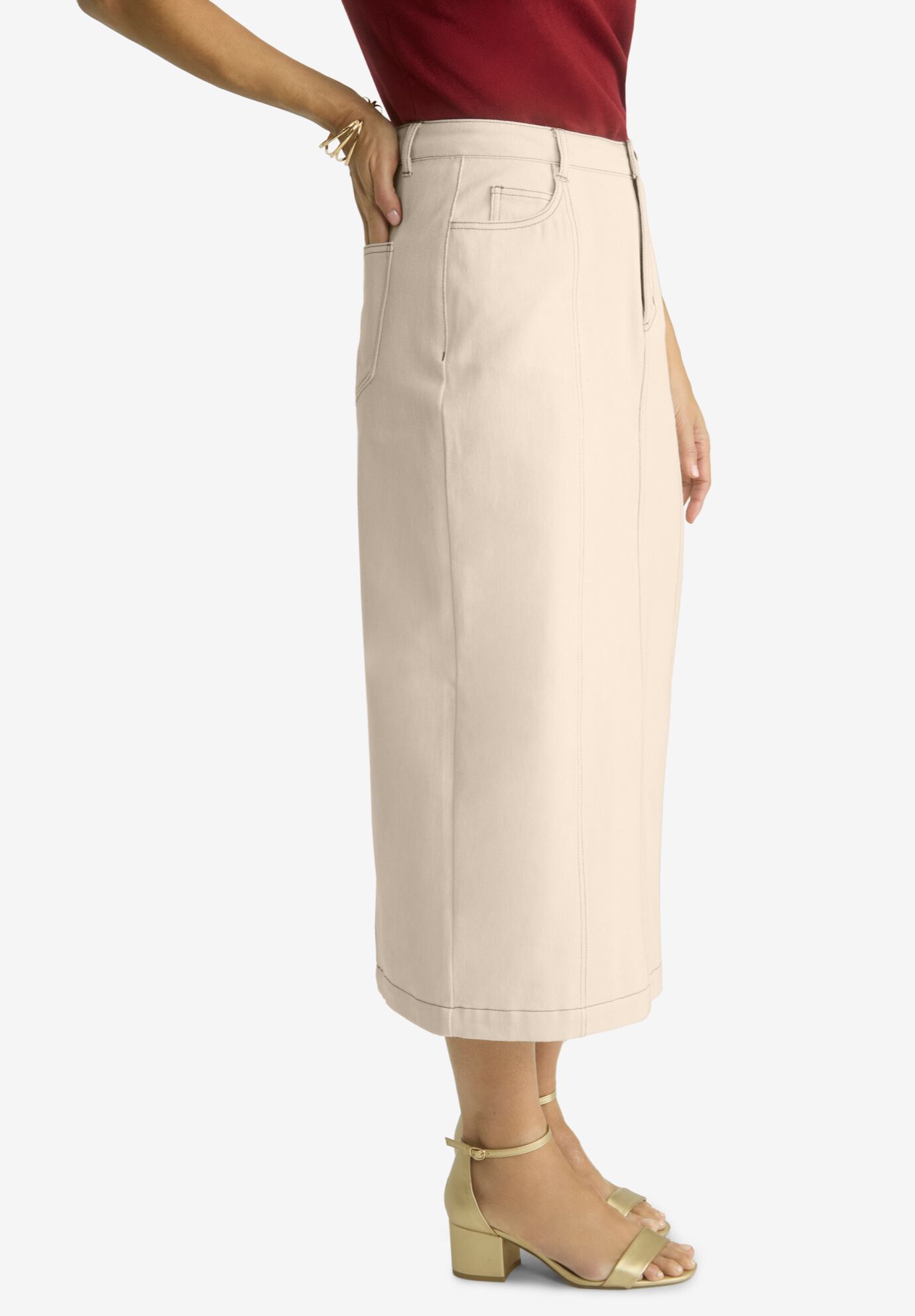 Contrast Stitching Seamed Skirt, OATMEAL, alternate image number 2