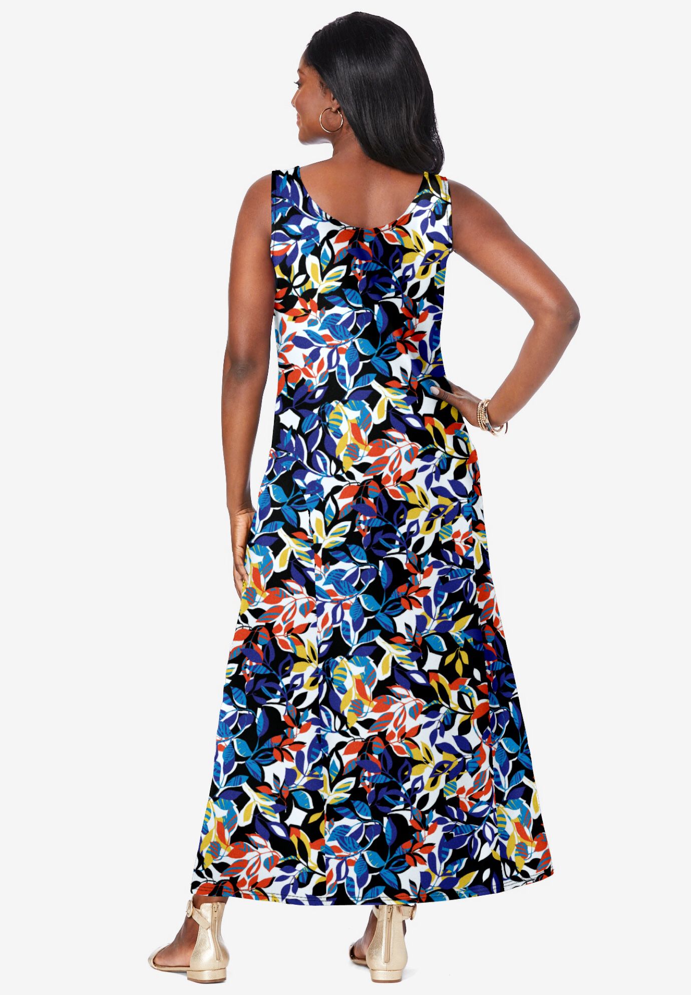 Stretch Cotton Tank Maxi Dress, MULTI GRAPHIC LEAVES, on-hover image number 1