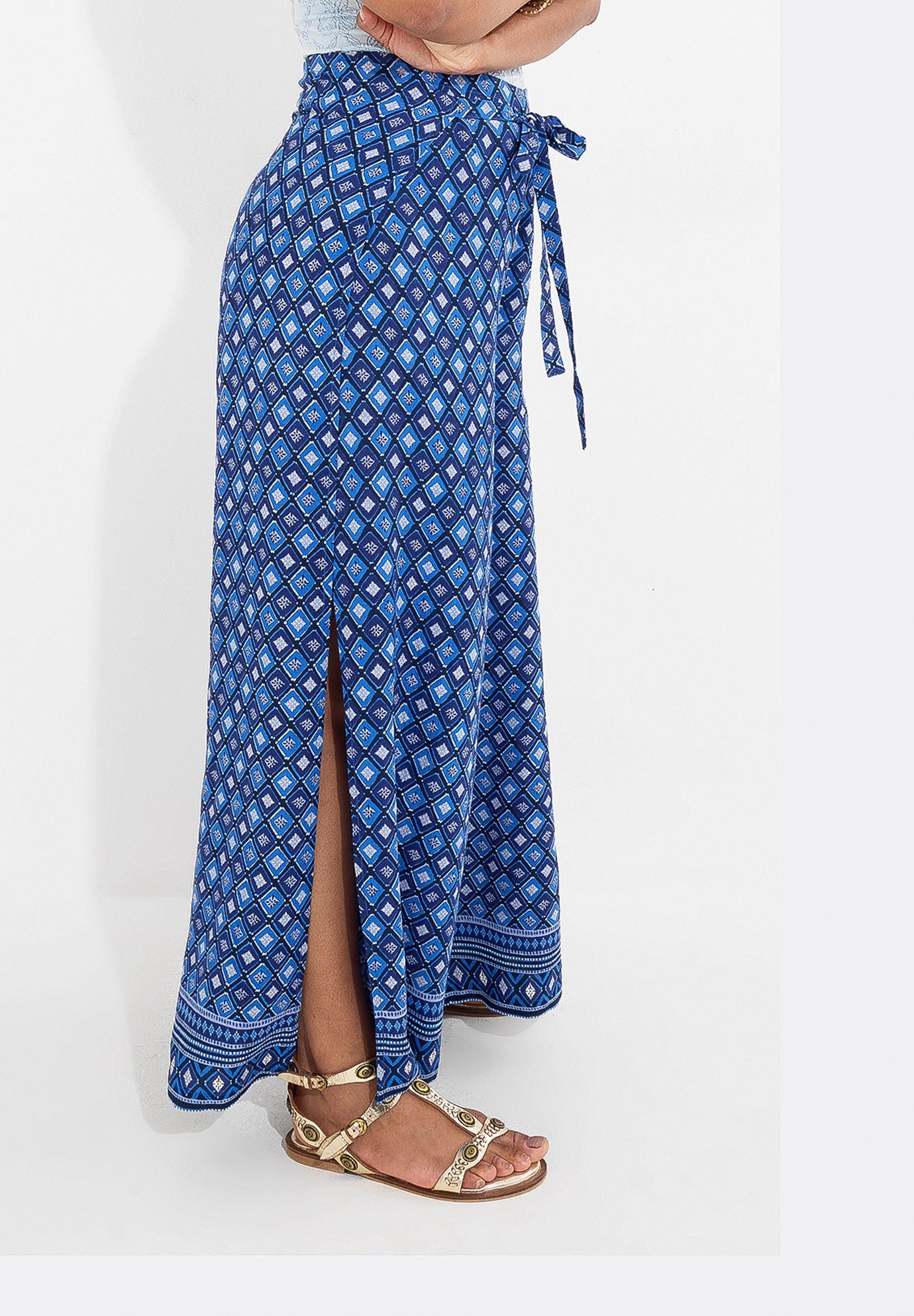 Wide Leg Tie-Front Pants, BLUE GEO MEDALLION, alternate image number 2
