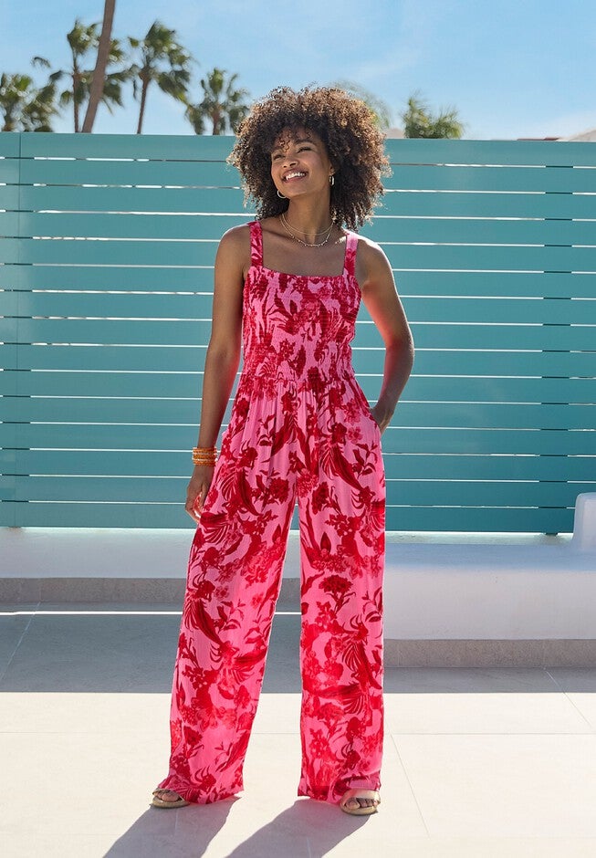 Smocked Crinkle Jumpsuit, PINK FLORAL, hi-res image number null