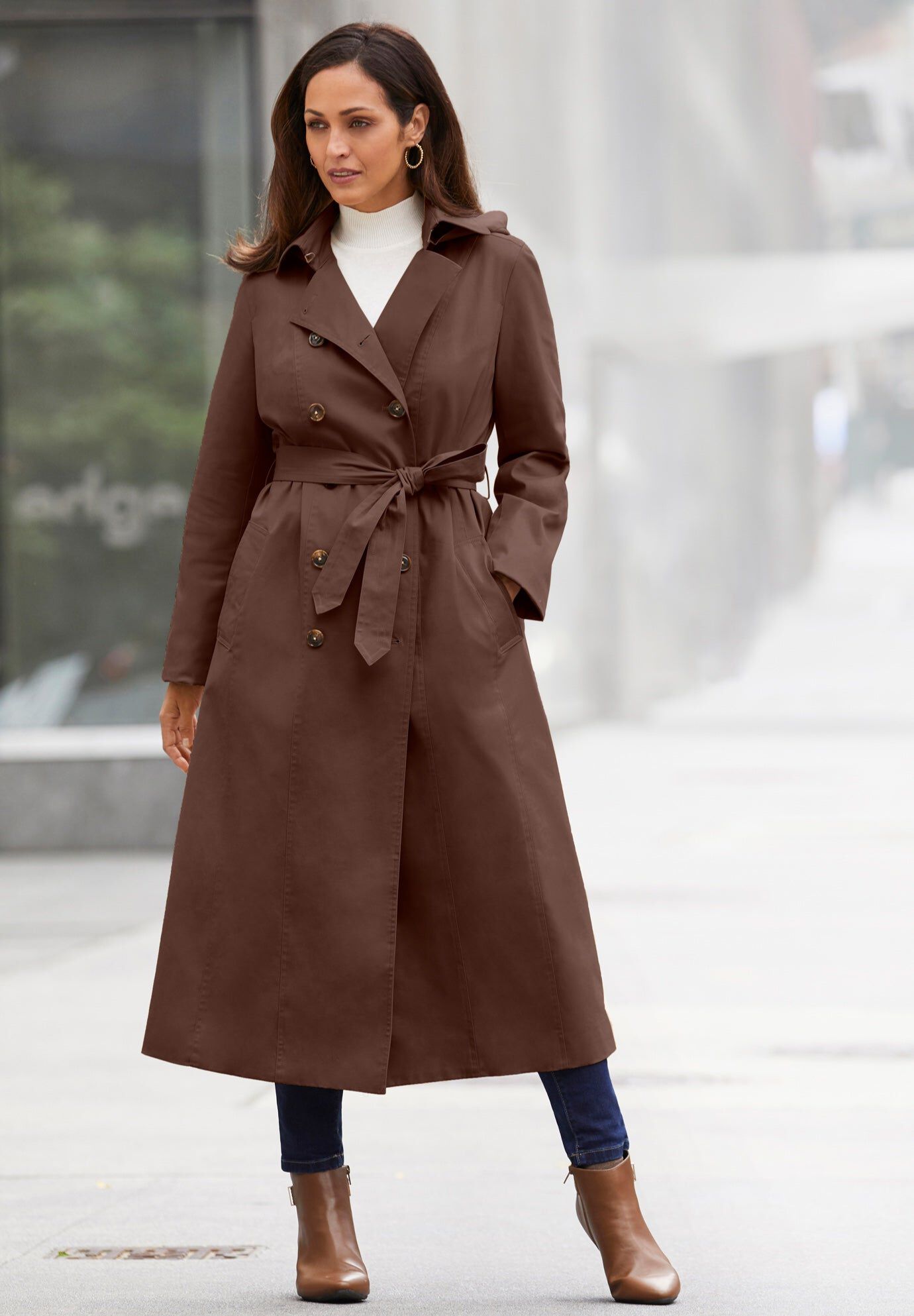 Double-Breasted Long Trench Raincoat, RICH BROWN, hi-res image number 0