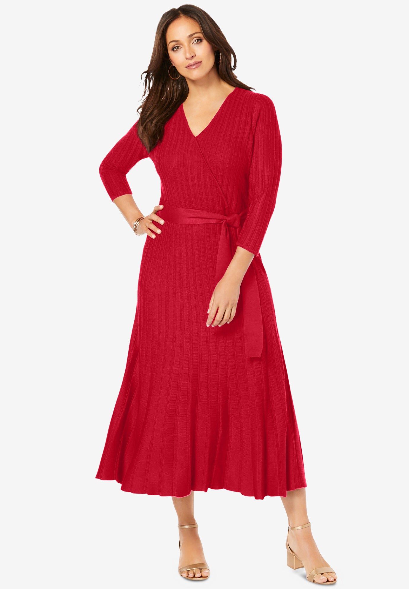 Pullover Wrap Sweater Dress, CLASSIC RED, hi-res image number 0