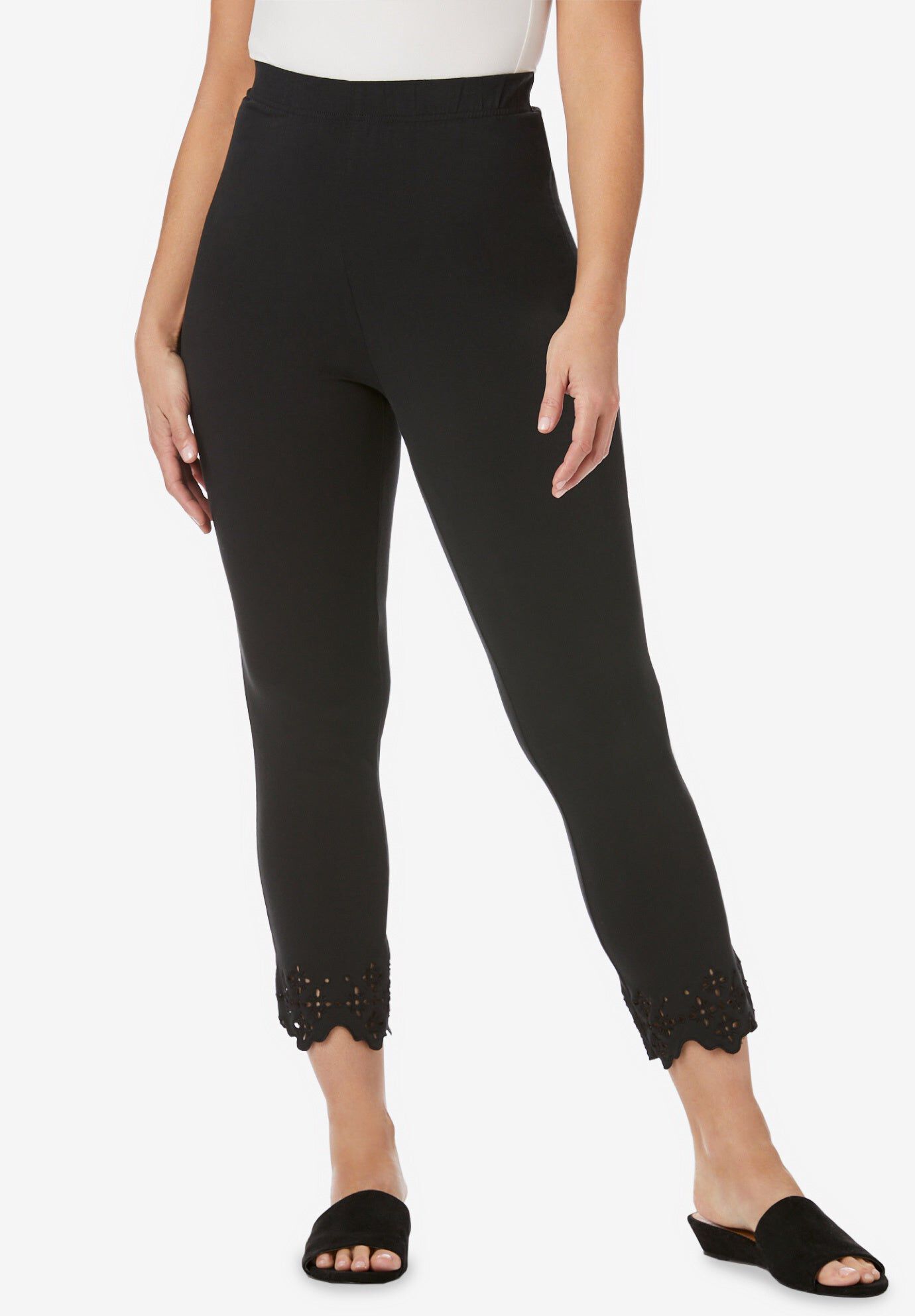 Stretch Cotton Eyelet Capri Legging, BLACK FLORAL EYELET, hi-res image number 0
