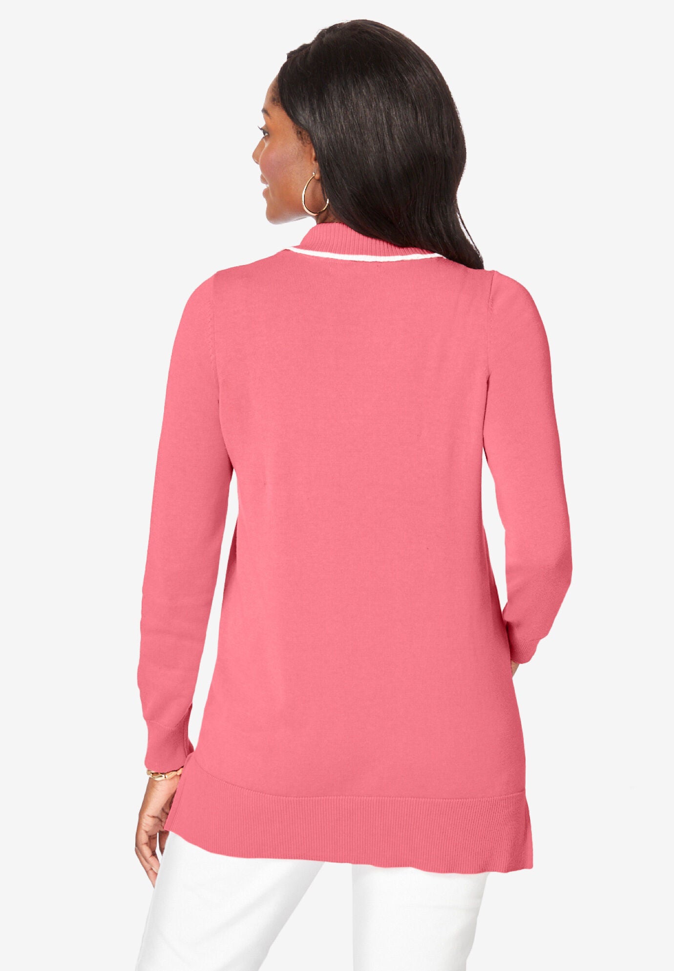 Fine Gauge Contrast Tipped Collar Sweater, SUNSET YELLOW WHITE, on-hover image number 1