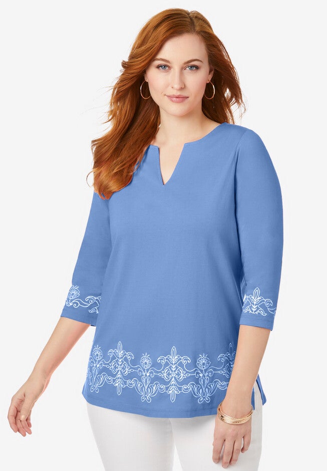 Embroidered Notch Neck Tunic, FRENCH BLUE EMBROIDERY, hi-res image number null