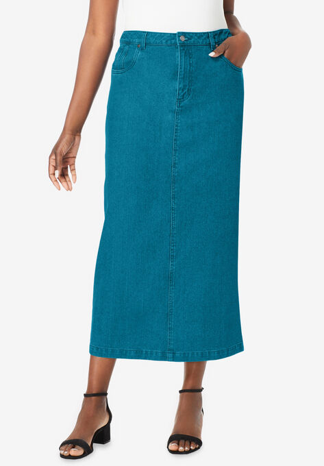 Classic Cotton Denim Midi Skirt, DEEP TEAL, hi-res image number null