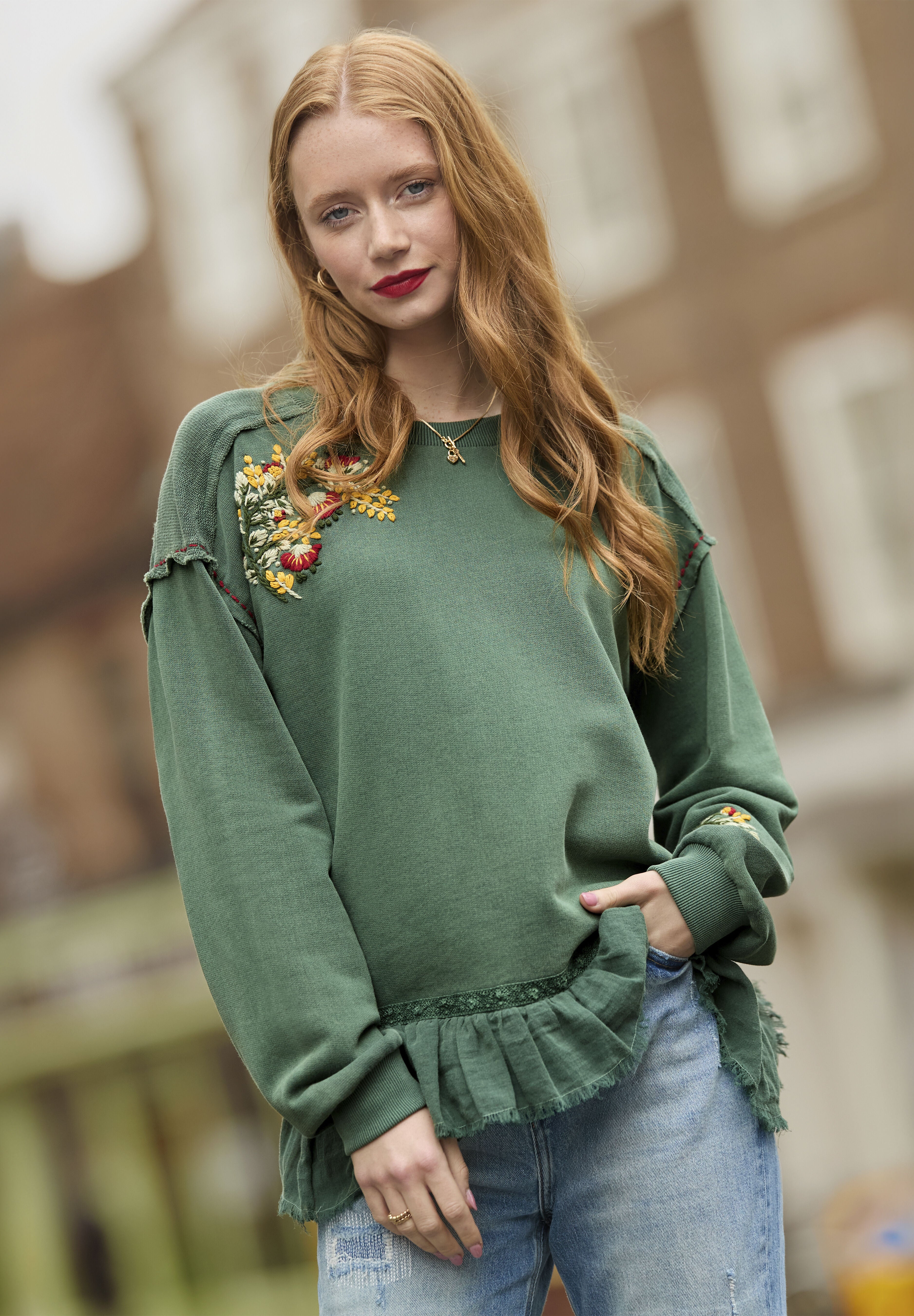Peplum Sweatshirt, GREEN GARDEN EMBROIDERY, alternate image number 5