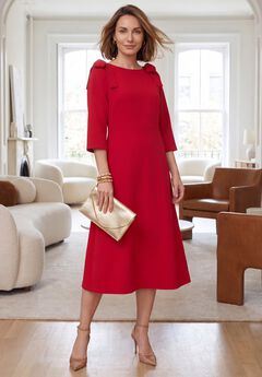 Bow-Sleeve Fit-and-Flare Midi Dress