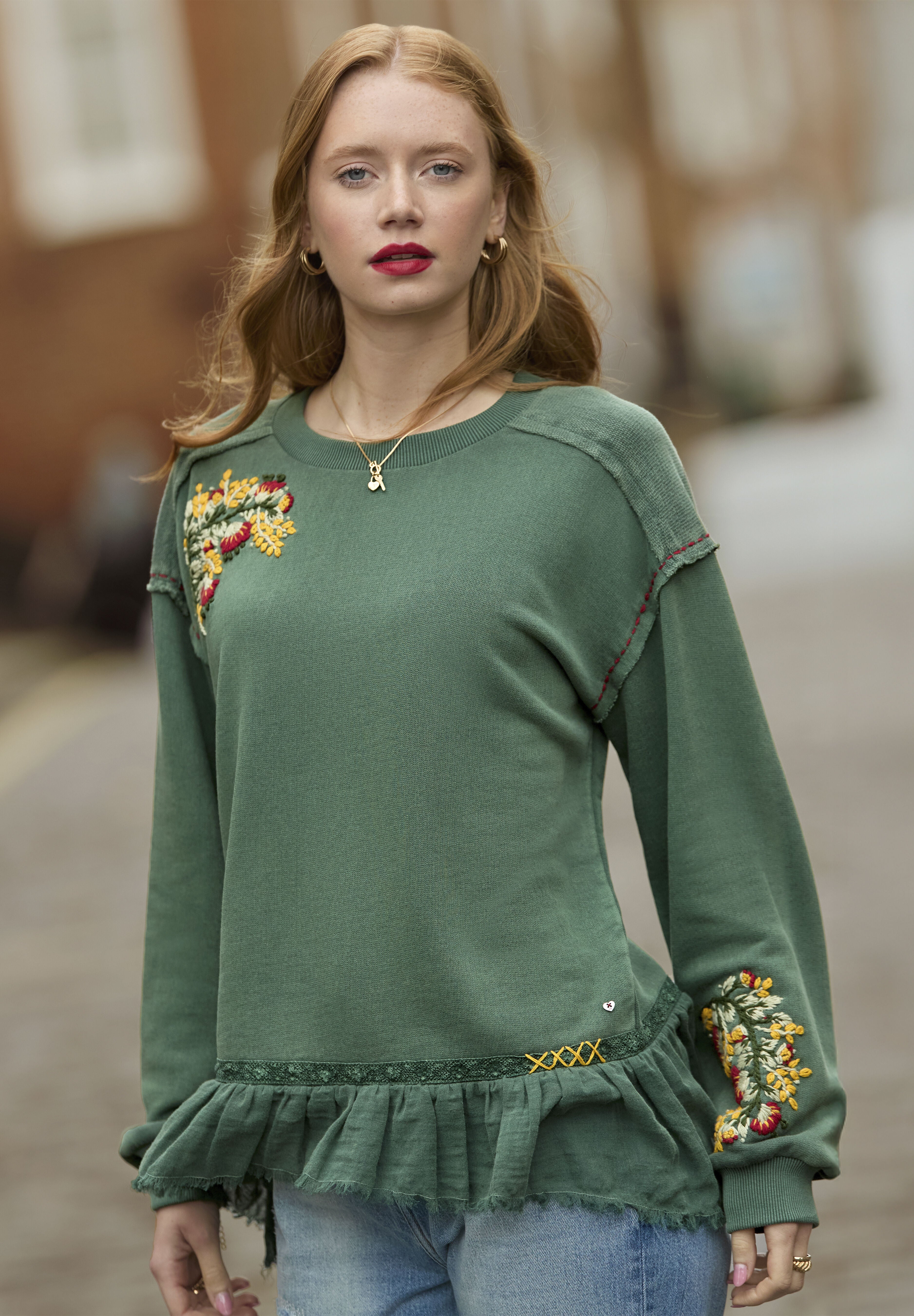 Peplum Sweatshirt, GREEN GARDEN EMBROIDERY, hi-res image number 0