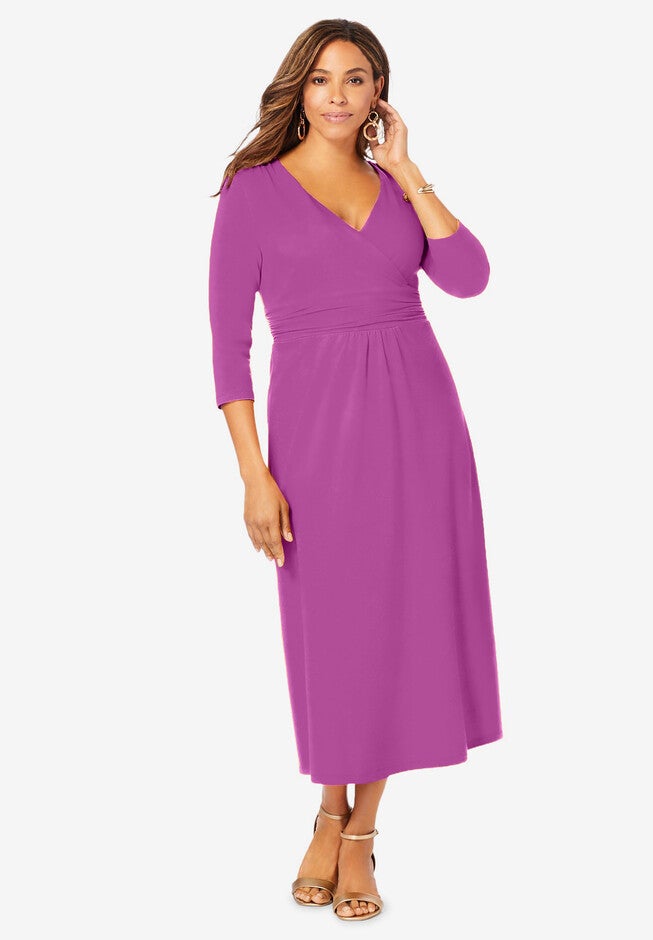 Stretch Knit Surplice Midi Dress, DEEP ORCHID, hi-res image number 0