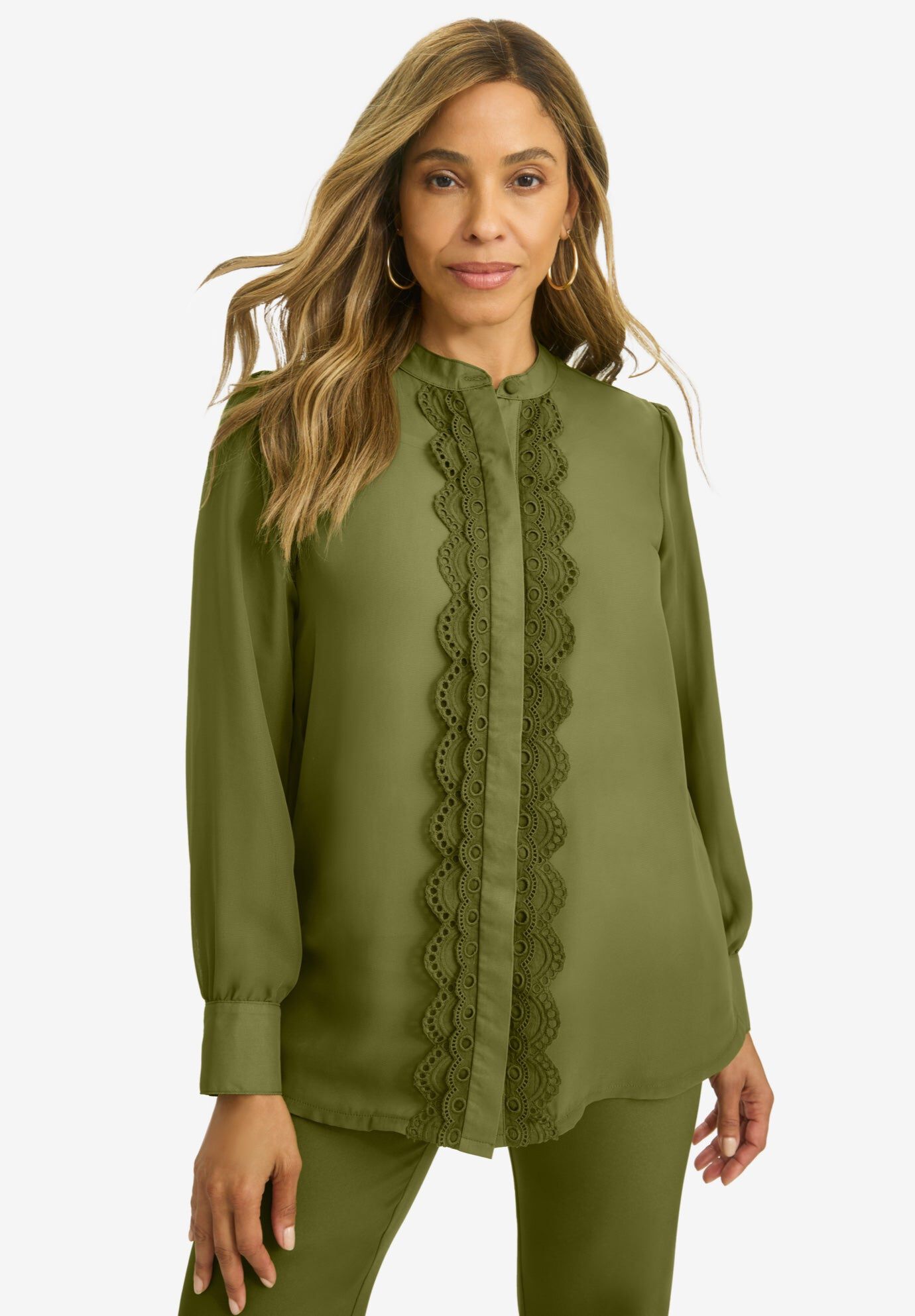 Eyelet Trim Blouse, MOSS GREEN, hi-res image number 0