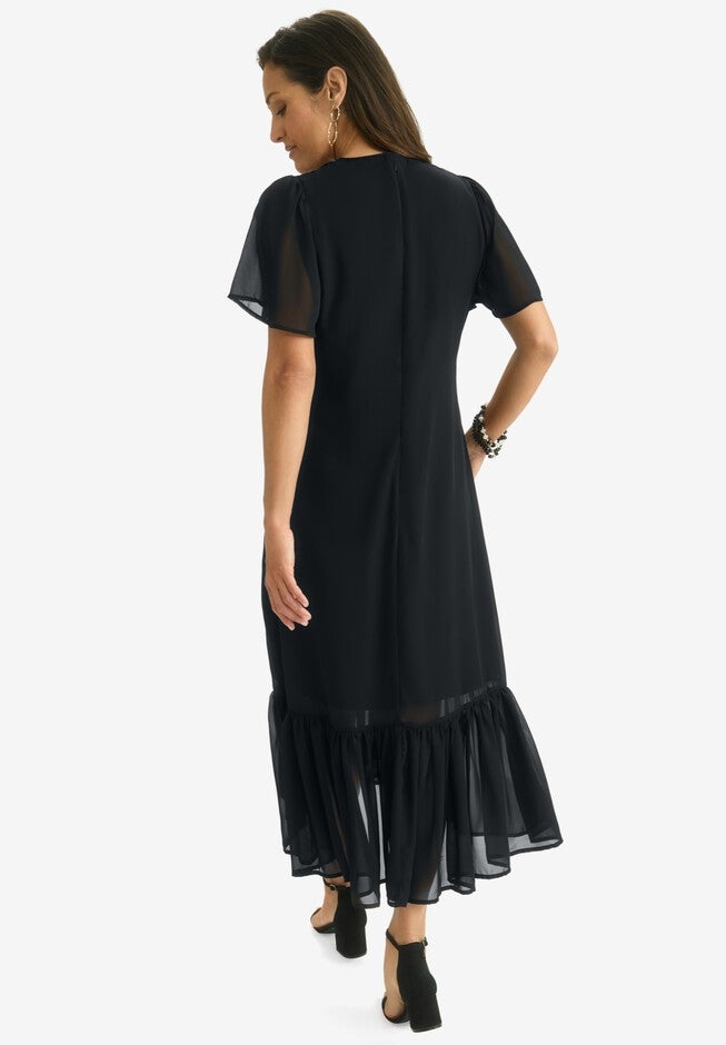 Georgette Flounce Hem Midi Dress, BLACK, on-hover image number 1