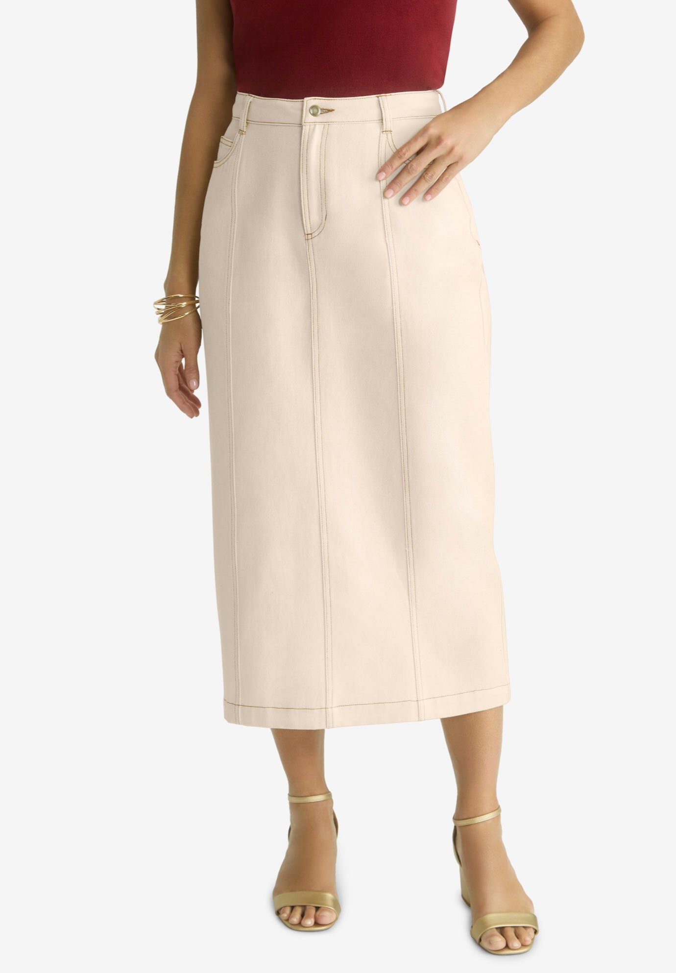 Contrast Stitching Seamed Skirt, OATMEAL, hi-res image number 0