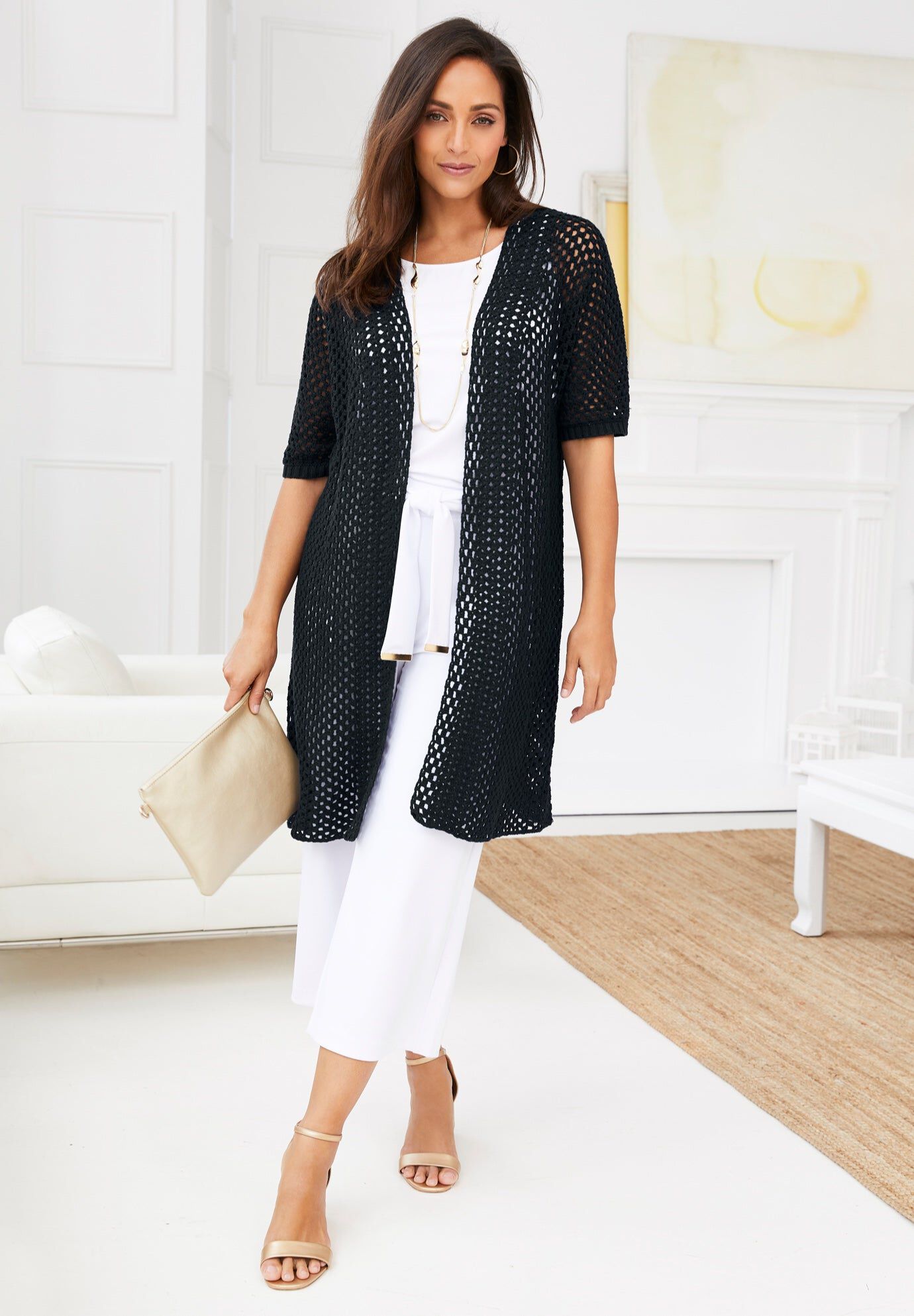 Crochet Long Cardigan, BLACK, hi-res image number 0