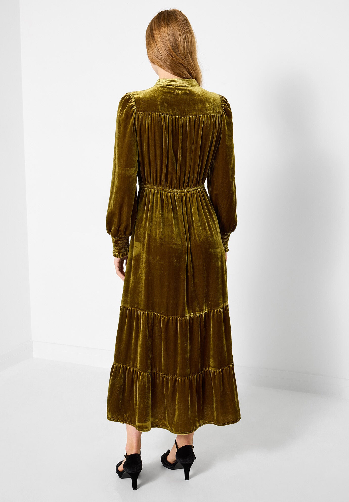 Tiered Velvet Tie Neck Dress, CHARTREUSE, alternate image number 5