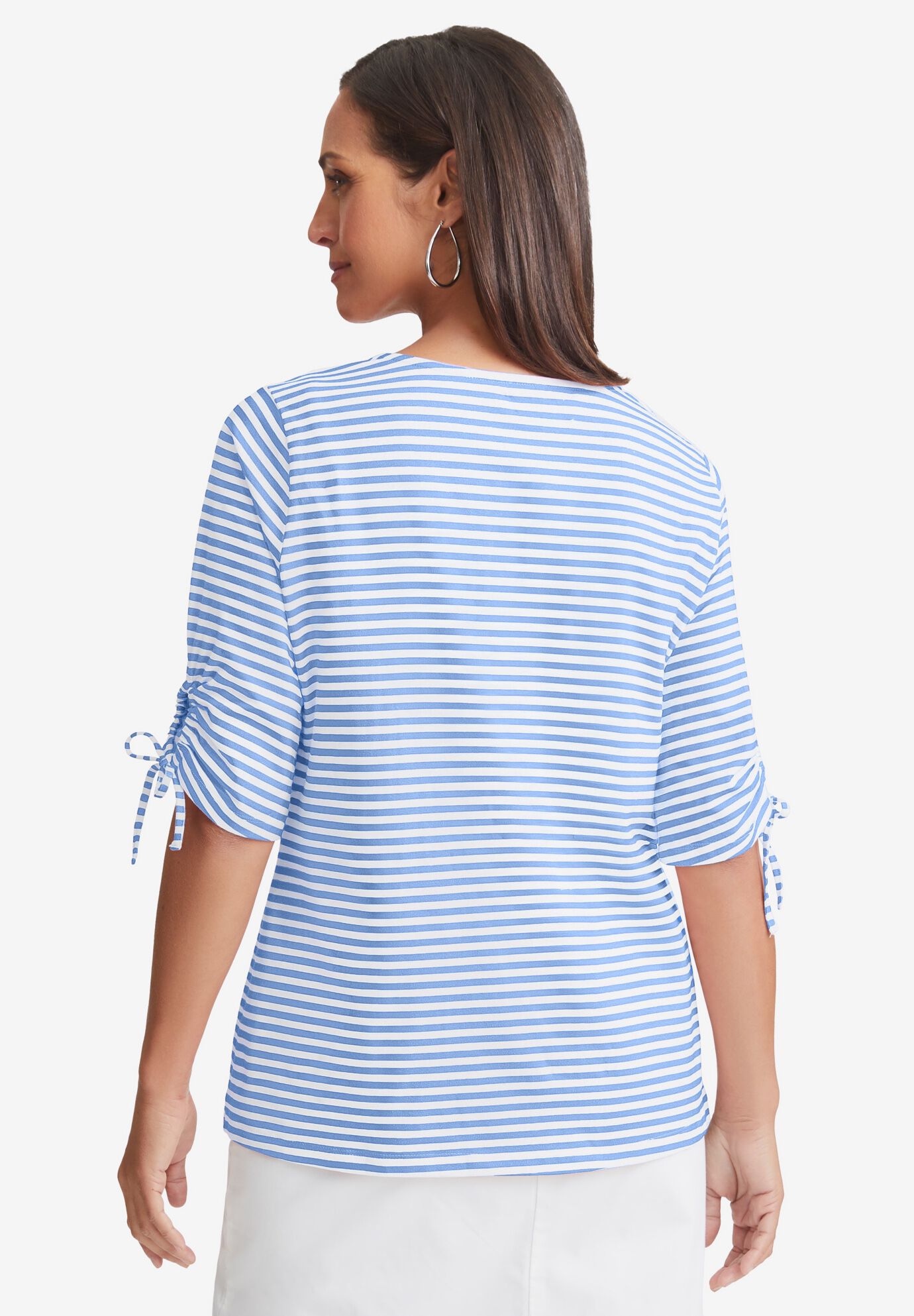 Stretch Cotton Tie Sleeve Square Neck Tee, FRENCH BLUE FEEDER STRIPE, alternate image number 2