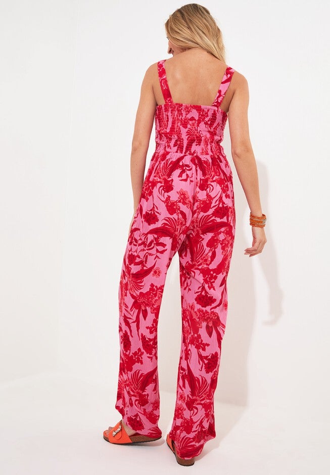 Smocked Crinkle Jumpsuit, PINK FLORAL, alternate image number null