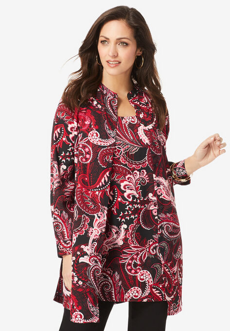 Georgette Button Front Tunic, RICH BURGUNDY PAISLEY, hi-res image number null