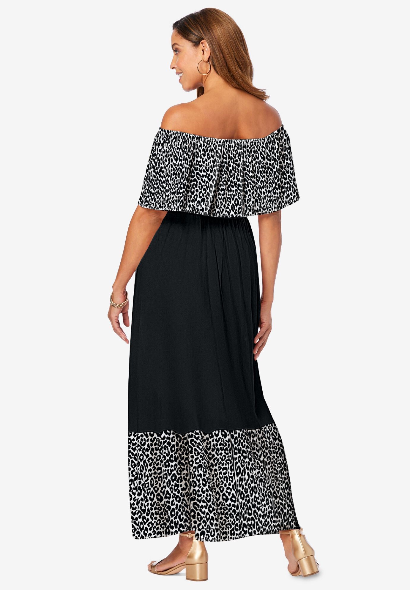 Off-The-Shoulder Maxi Dress, BLACK WHITE CHEETAH, on-hover image number 1