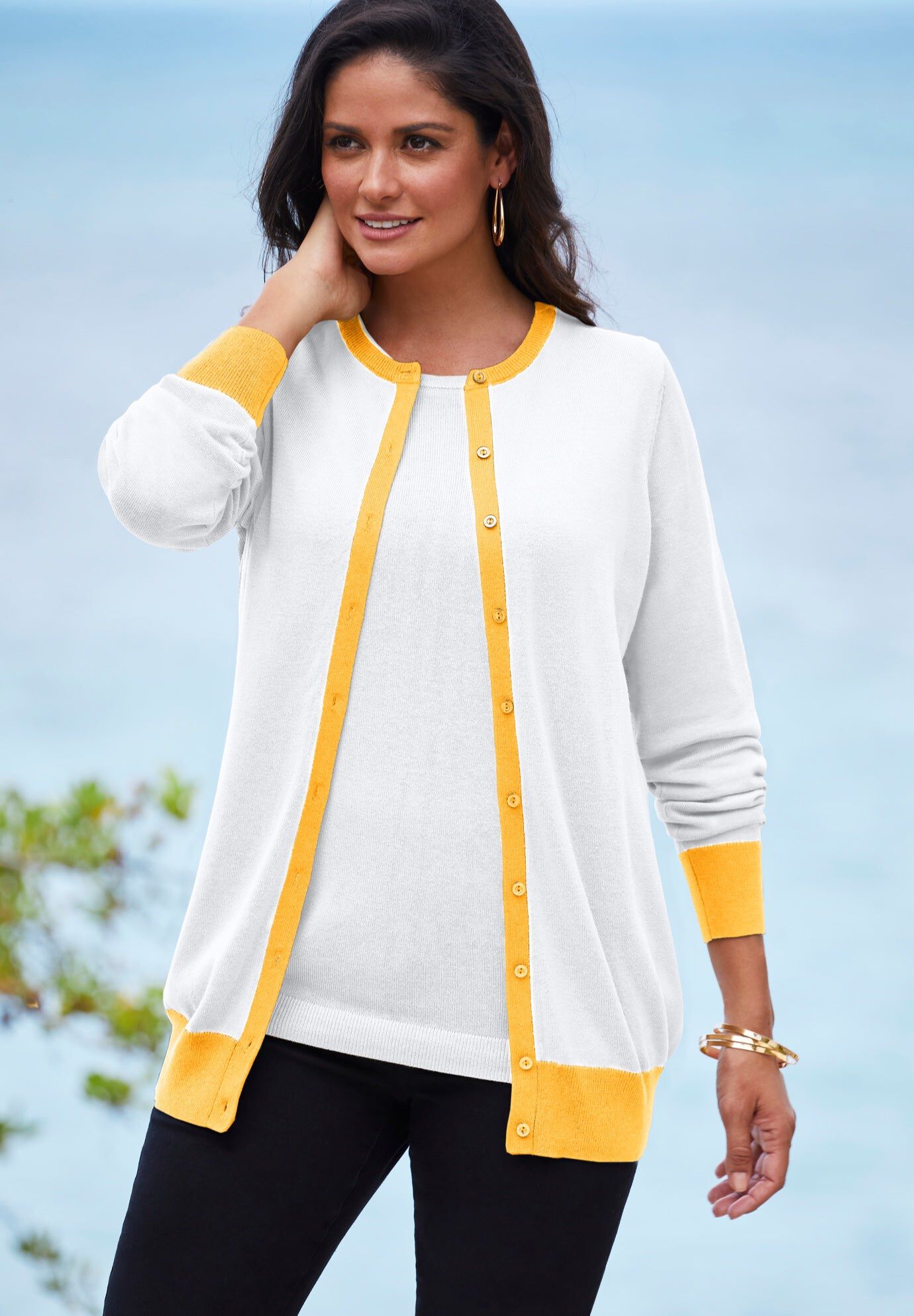 Fine Gauge Cardigan, SUNSET YELLOW WHITE, hi-res image number 0