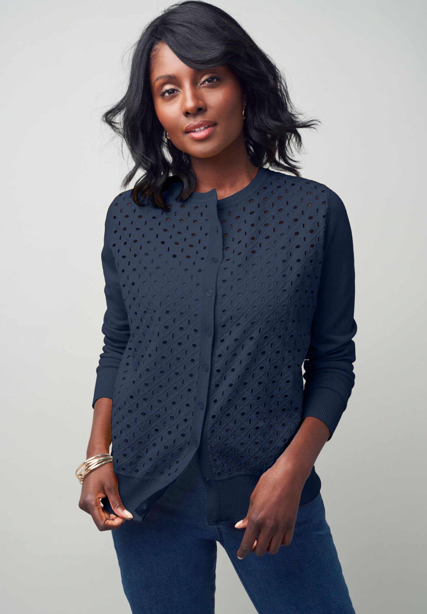 Fine Gauge Eyelet Cardigan, NAVY, hi-res image number 0