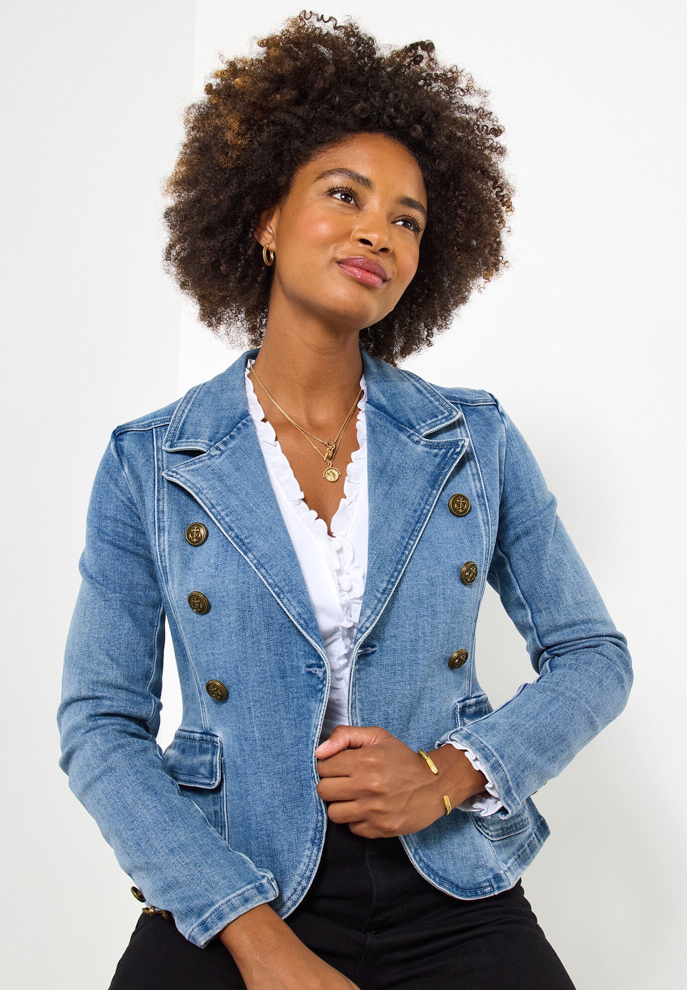 Double Breasted Denim Blazer, LIGHT BLUE, hi-res image number 0