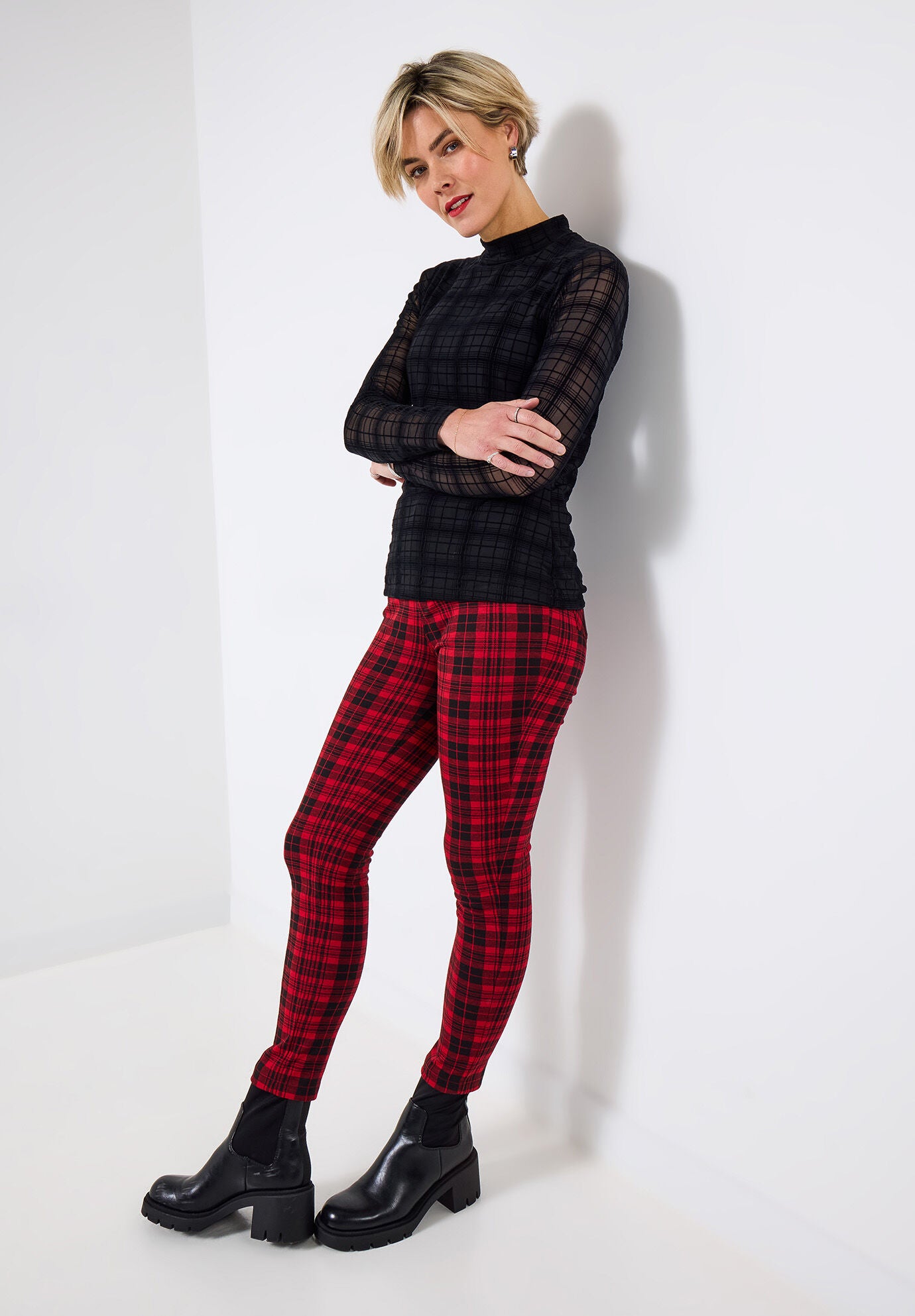 Burnout Plaid Mockneck Tee, BLACK BURNOUT PLAID, hi-res image number 0