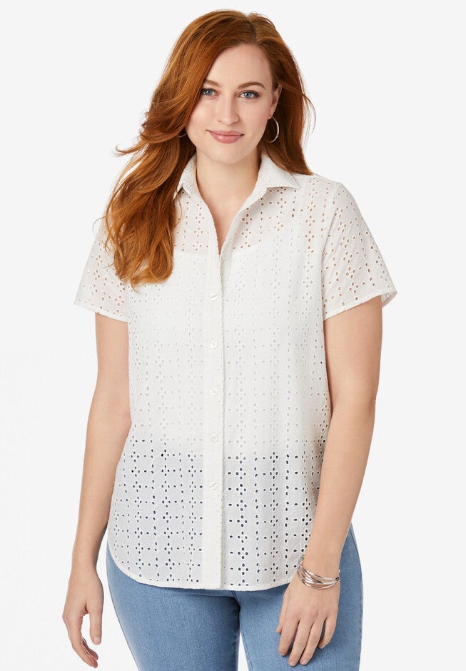 Eyelet Short Sleeve Shirt, WHITE, hi-res image number null