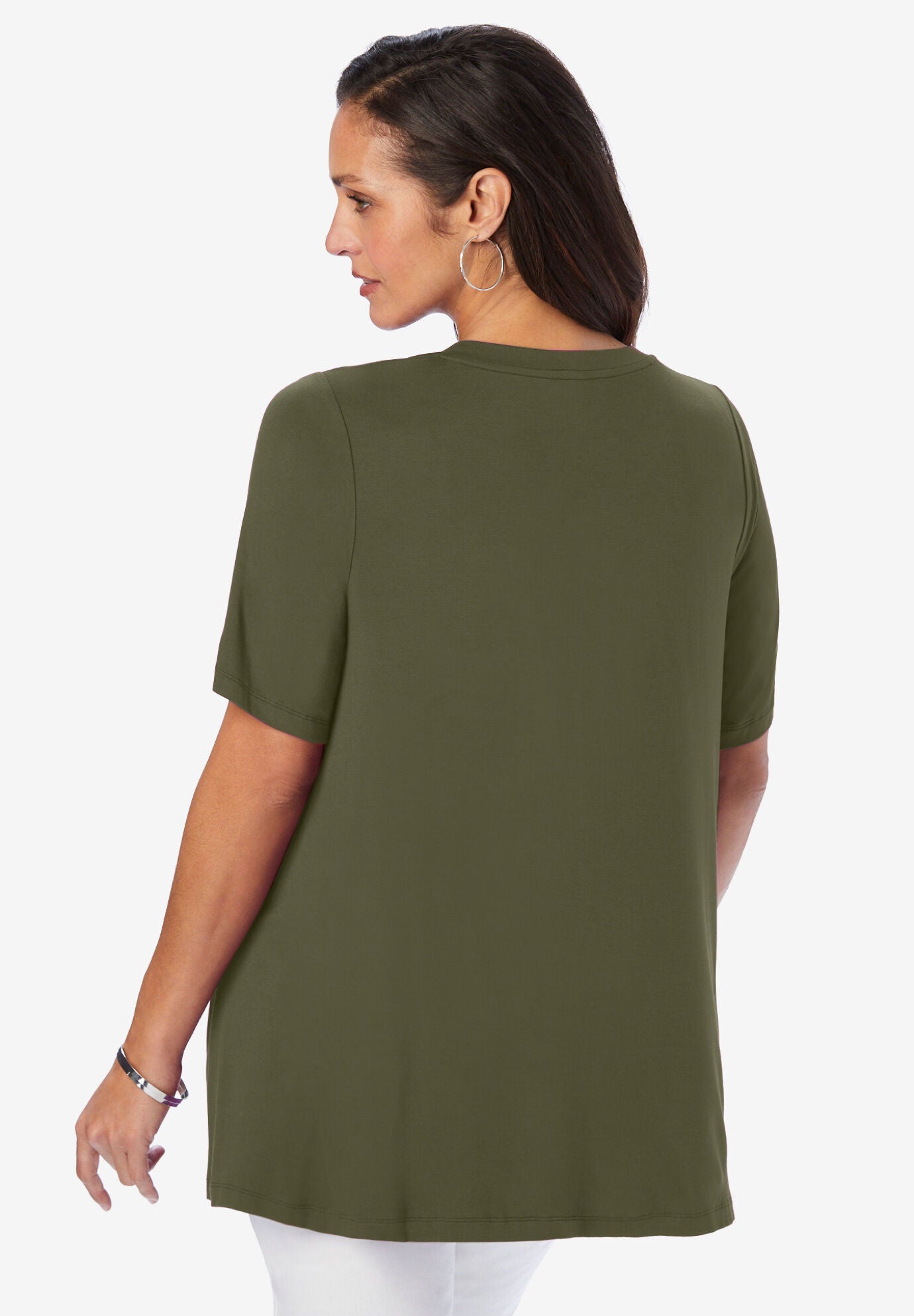 Stretch Knit V-Neck Swing Tunic, NAVY, on-hover image number 1