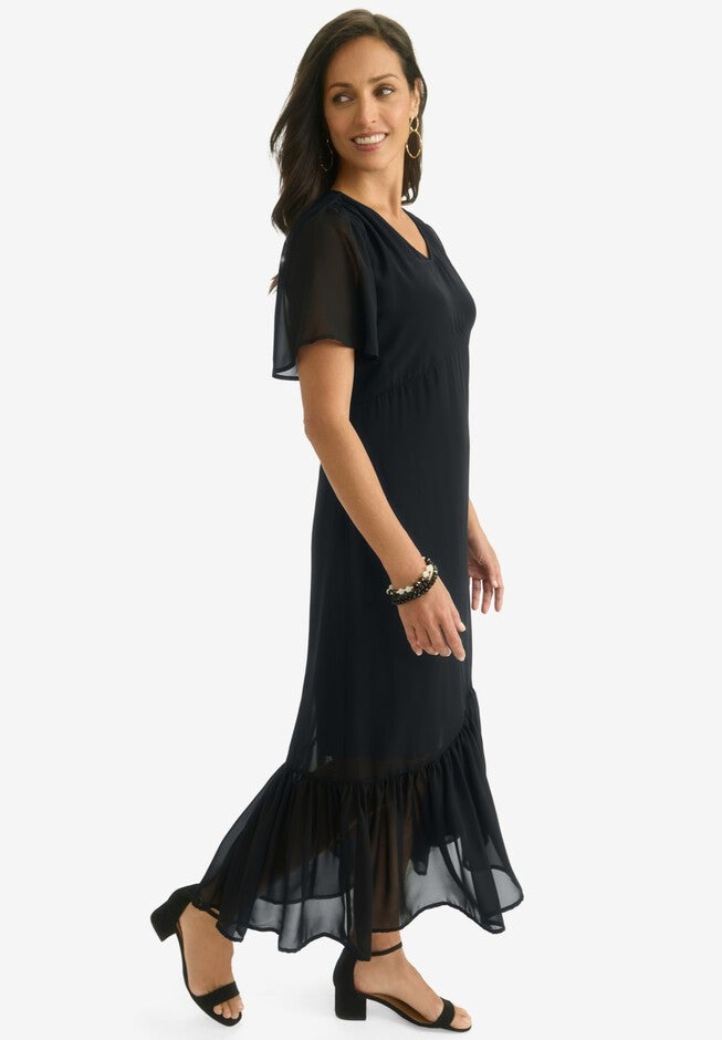 Georgette Flounce Hem Midi Dress, BLACK, alternate image number 2