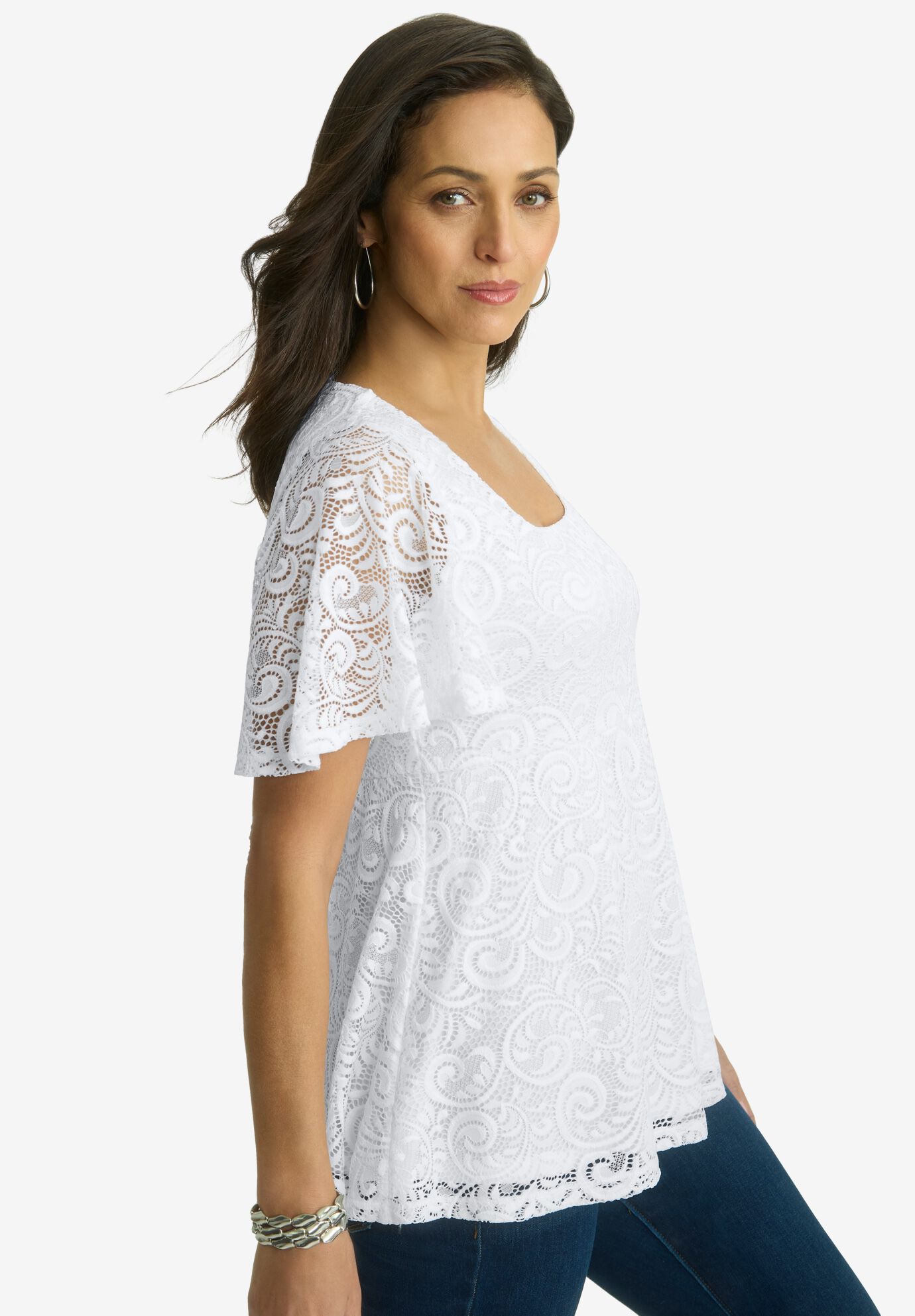 Square Neck Lace Peplum Tunic, WHITE, alternate image number 2