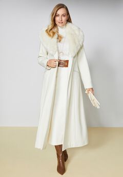 Long Wool-Blend Coat with Faux Fur Collar