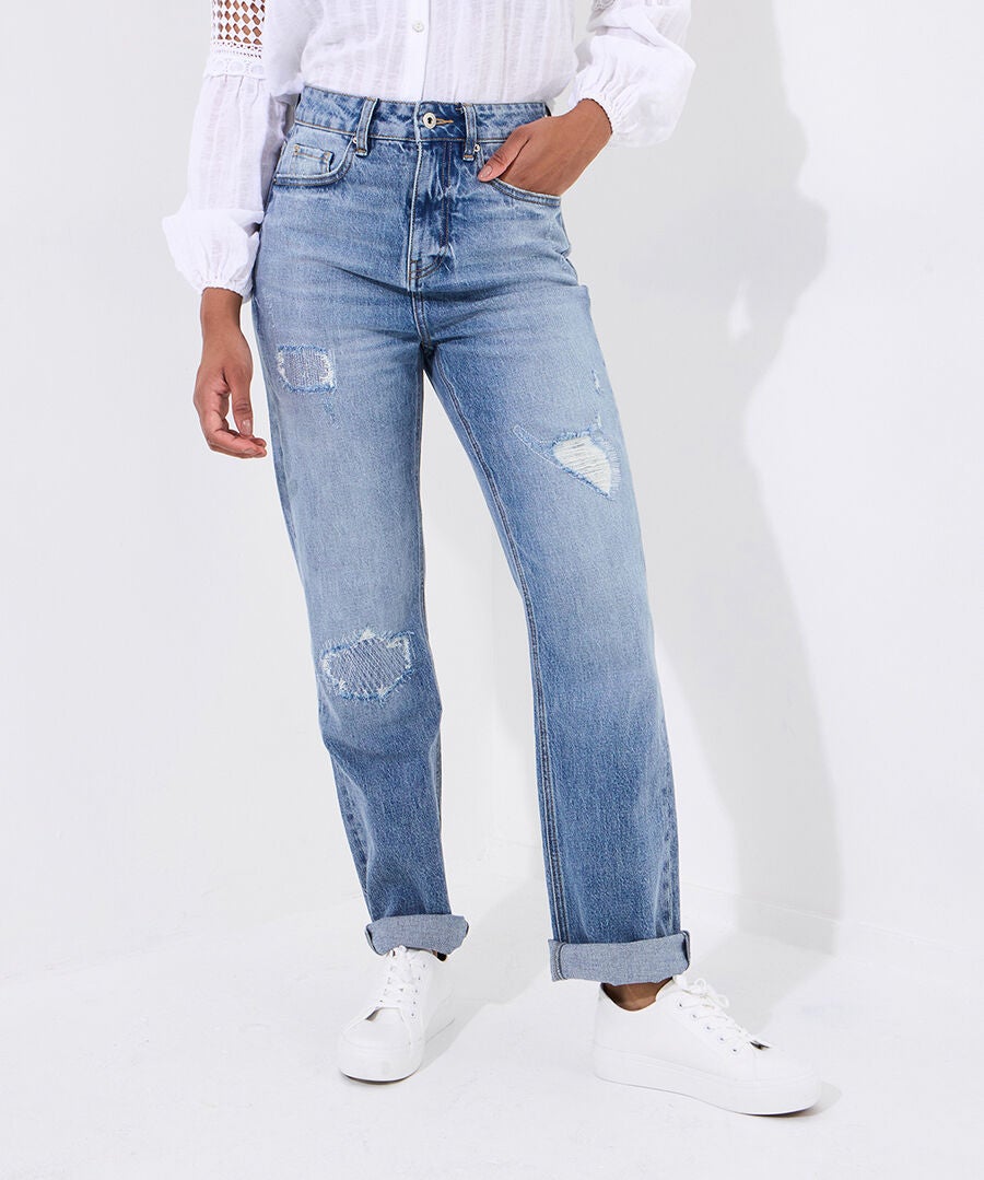 Distressed Mom Jeans, LIGHT BLUE, hi-res image number 0
