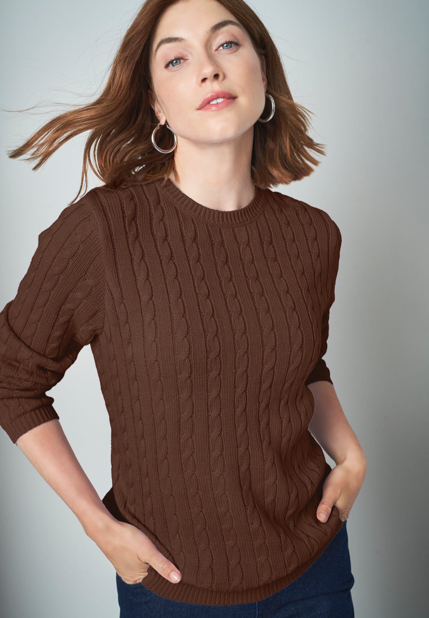 Cable Crewneck Sweater, RICH BROWN, hi-res image number 0