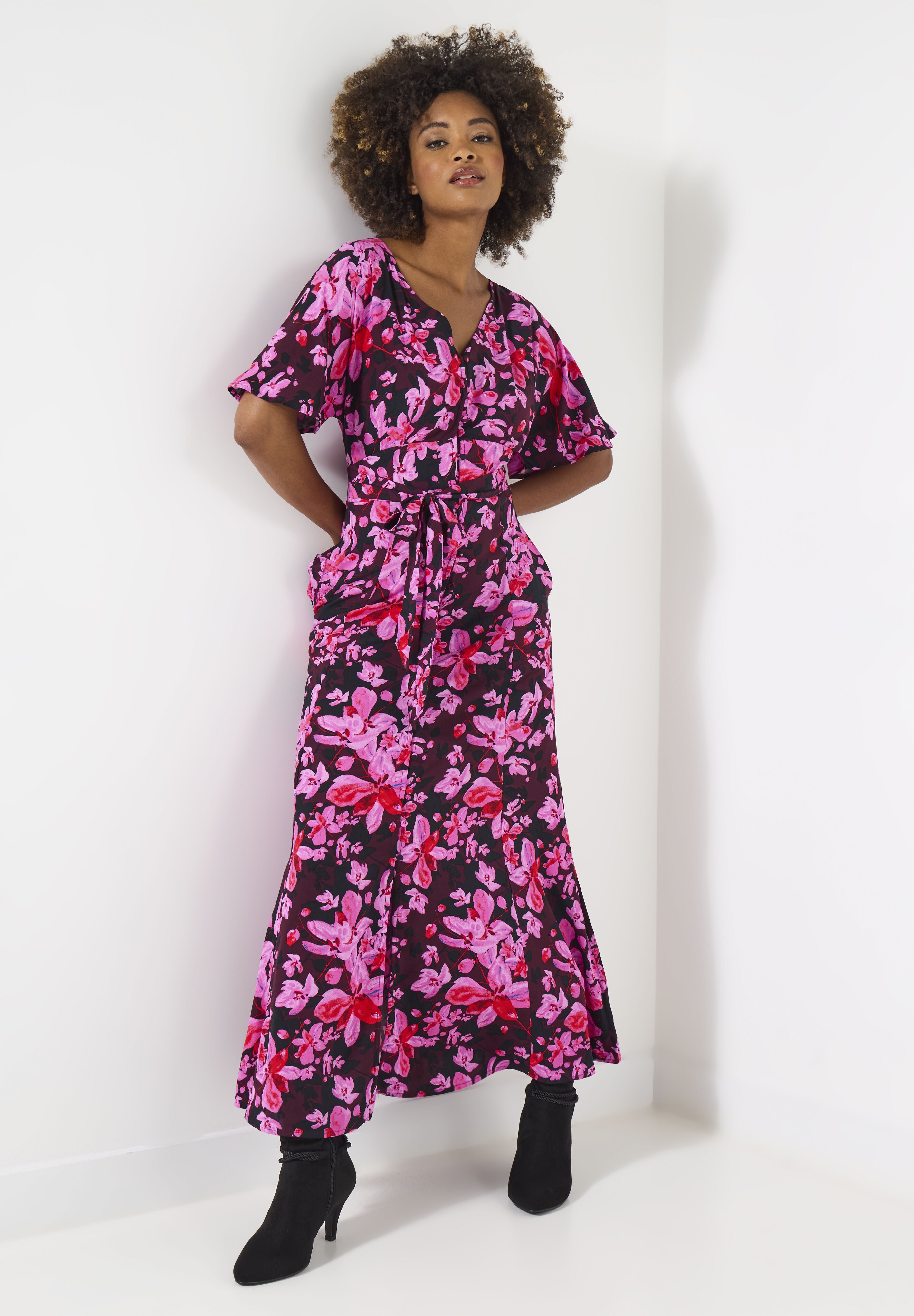 Flutter Sleeve Maxi Dress, PINK ABSTRACT FLORAL, alternate image number 5