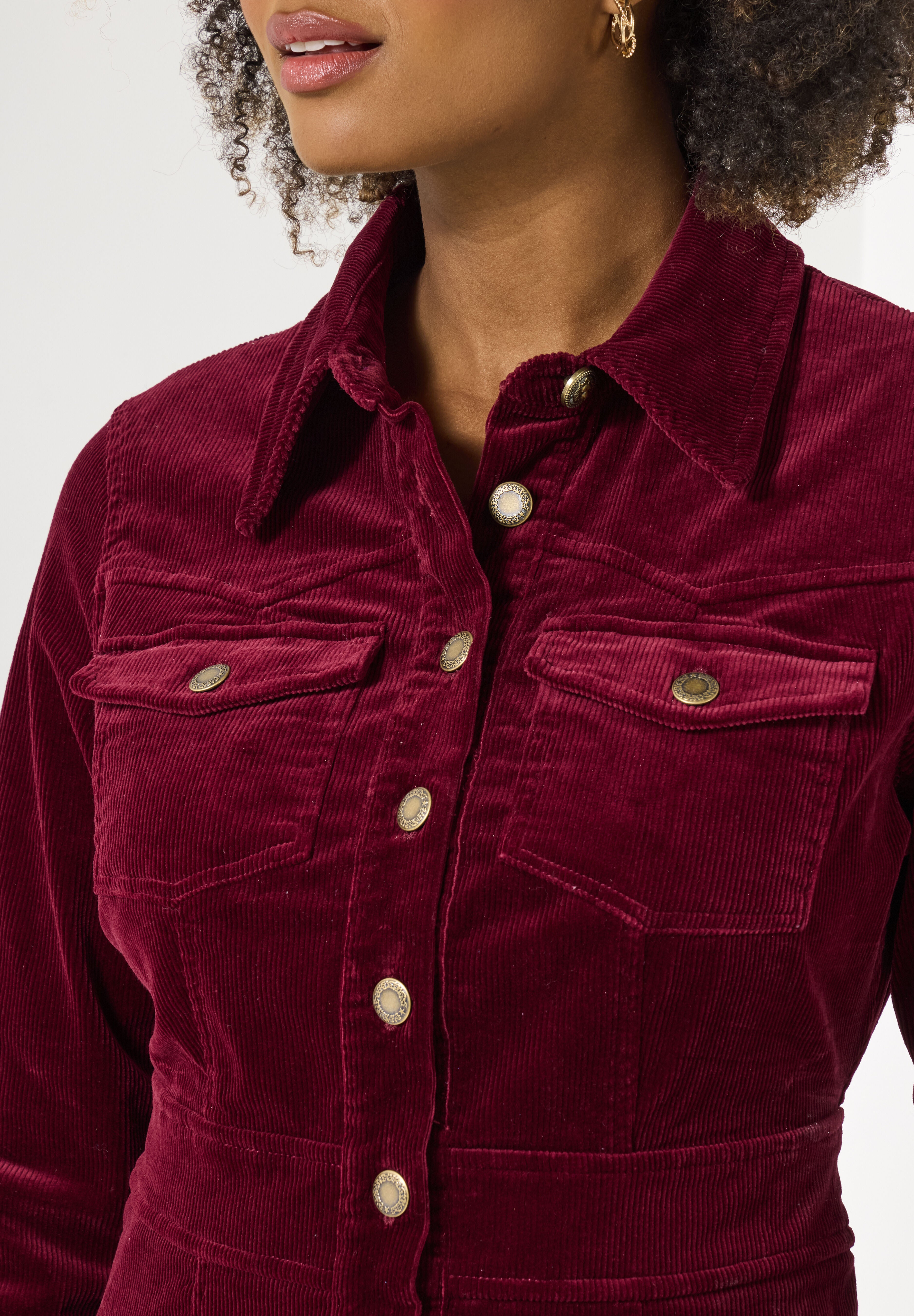 Corduroy Shirt Dress, BURGUNDY, alternate image number 2