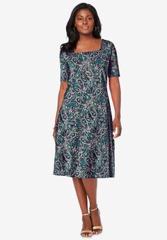 Stretch Cotton Square Neck Midi Dress