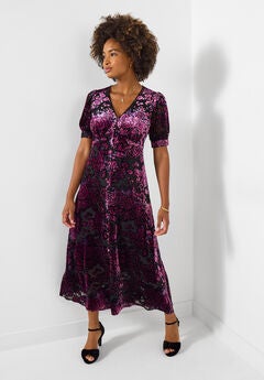 Burnout Velvet V-Neck Midi Dress