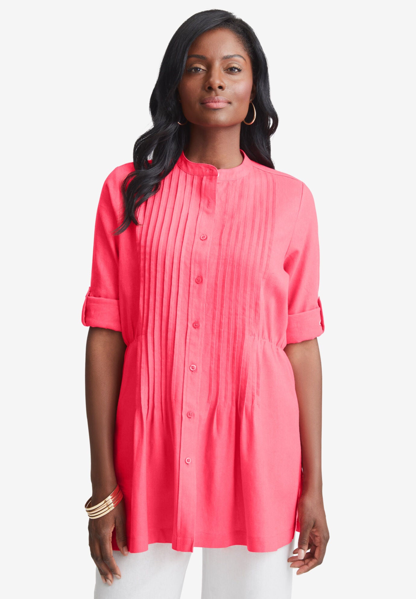 Linen Pintuck Button Front Blouse, VIBRANT WATERMELON, hi-res image number 0