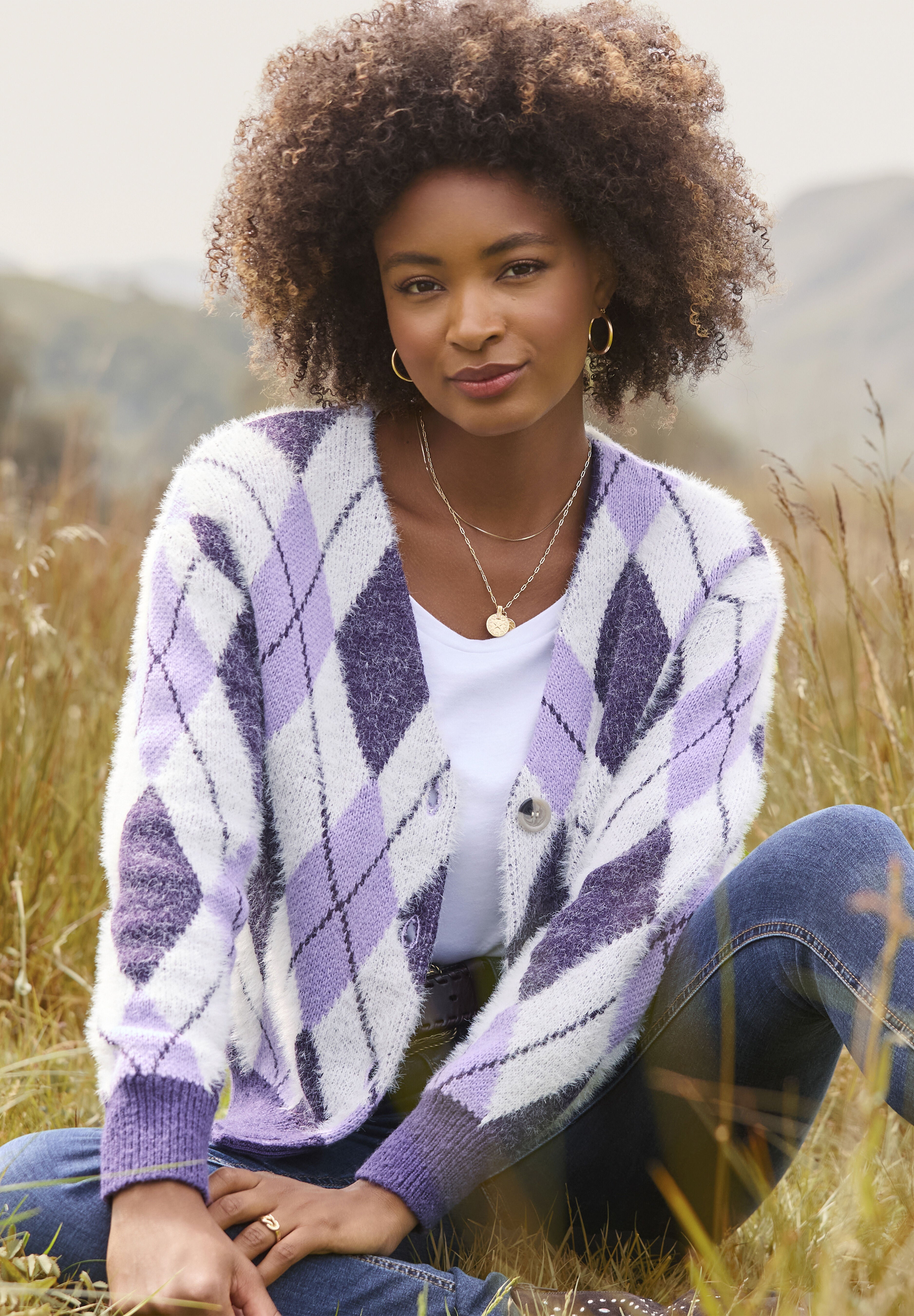 Fuzzy V-Neck Cardigan, VIOLET ARGYLE, hi-res image number 0