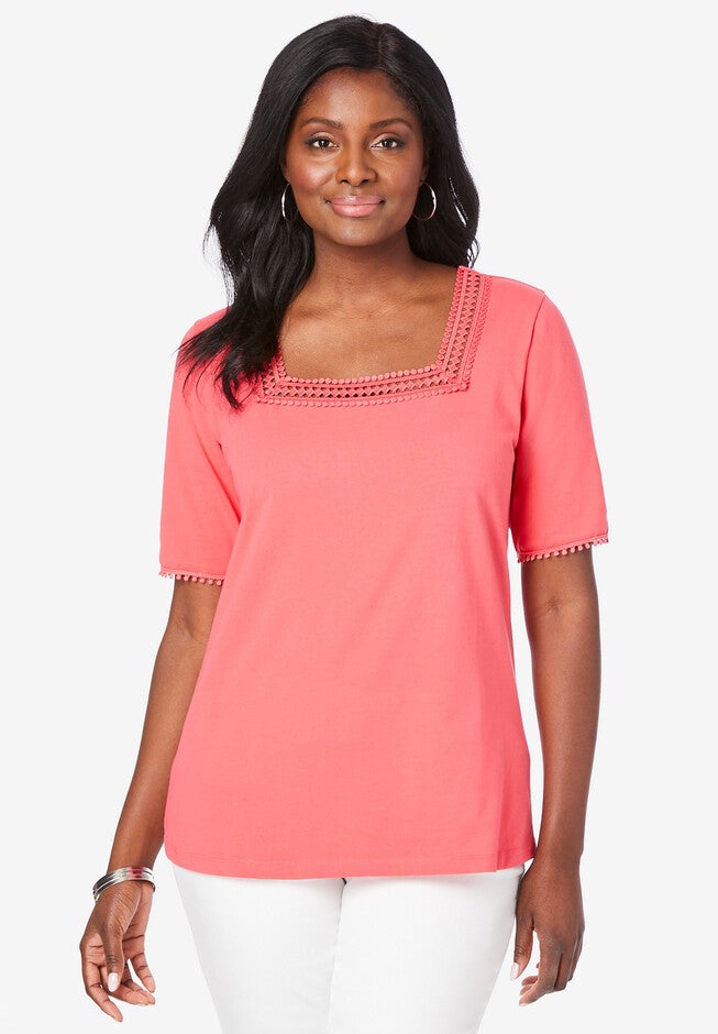 Square Neck Crochet Tee, VIBRANT WATERMELON, hi-res image number null